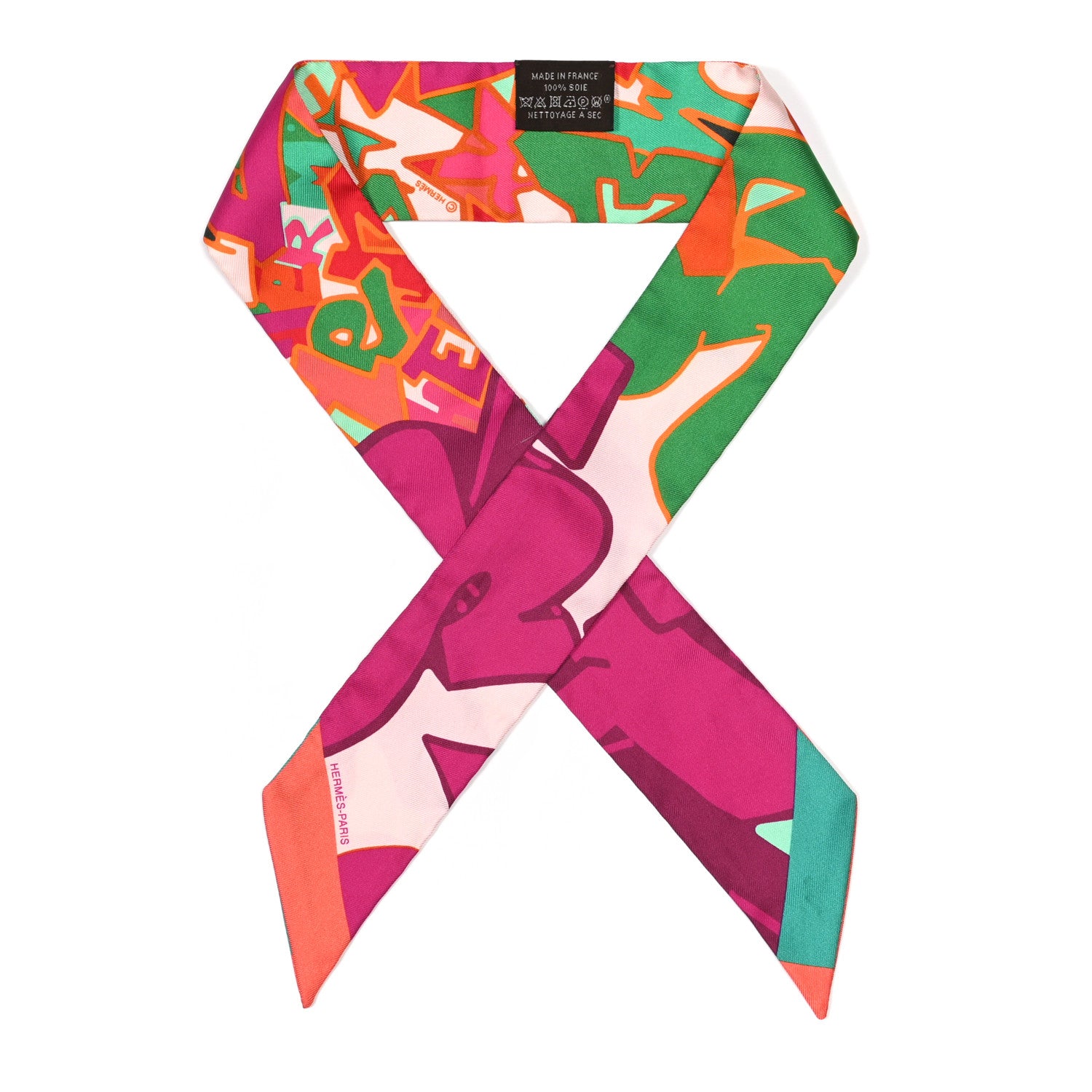 Hermes Silk Graff Graffiti Twilly Fuchsia Orange Vert 1005385