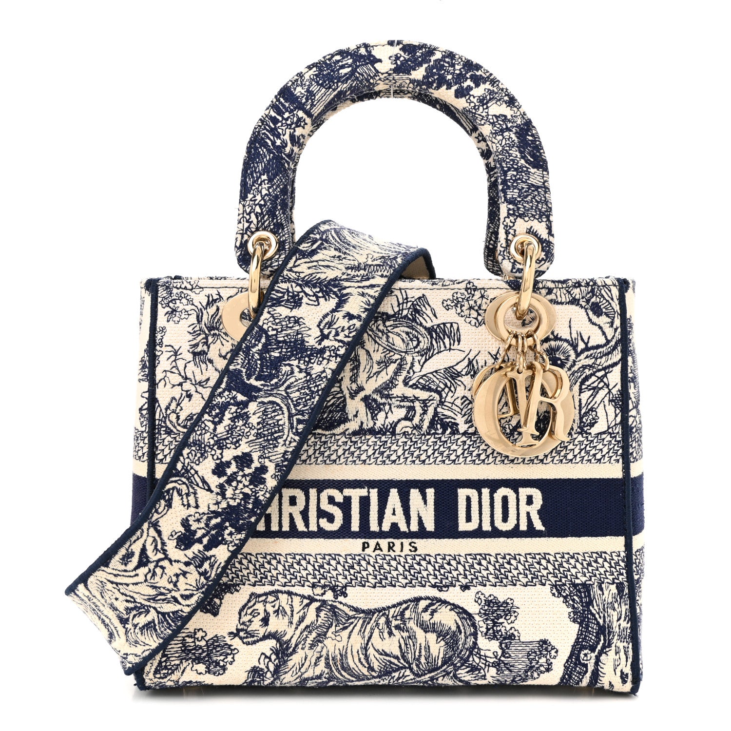 Christian Dior Canvas Toile De Jouy Embroidered Medium Lady D-Lite