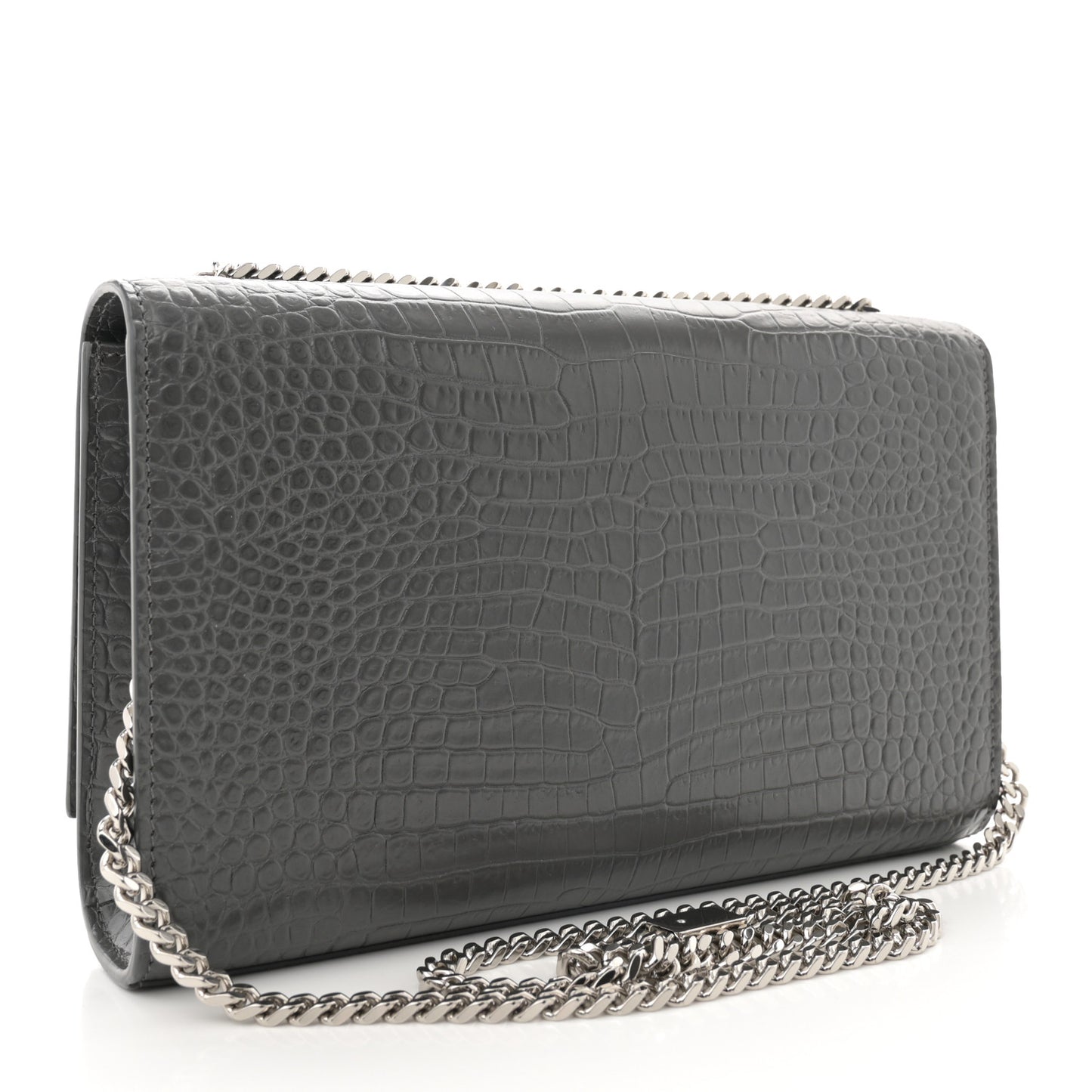 Calfskin Crocodile Embossed Medium Classic Monogram Kate Tassel Satchel Storm