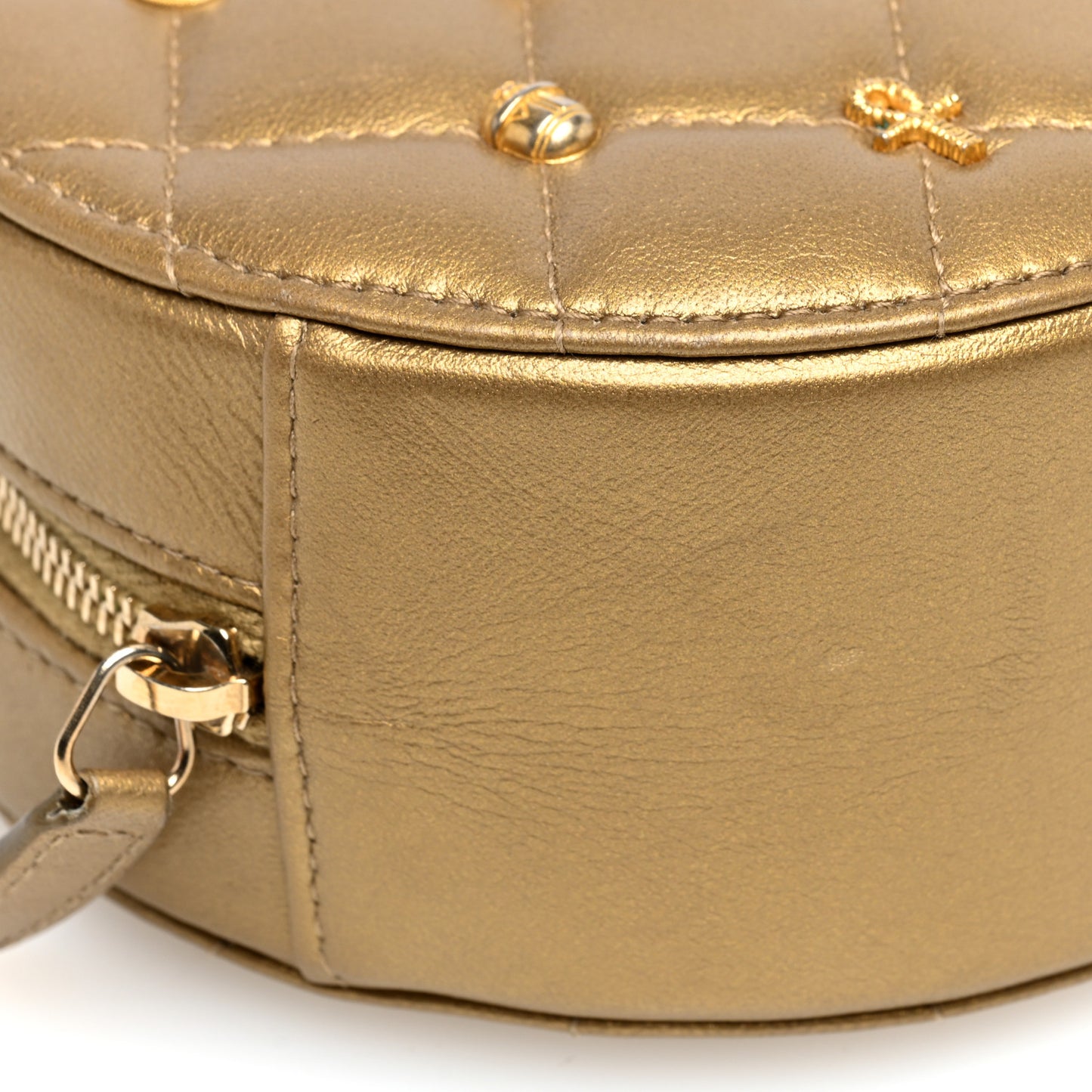 Metallic Lambskin Quilted Egyptian Amulet Round Clutch With Chain Gold