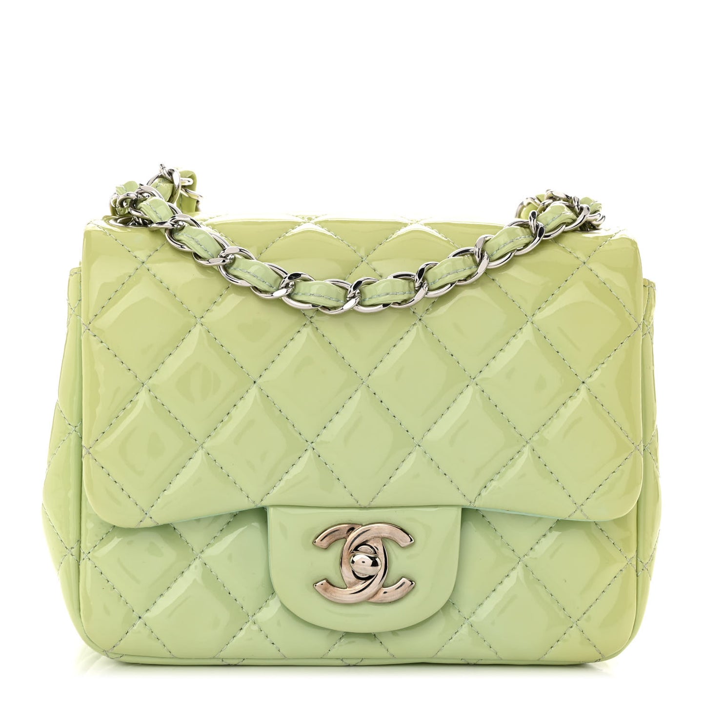 Patent Calfskin Quilted Mini Square Flap Light Green