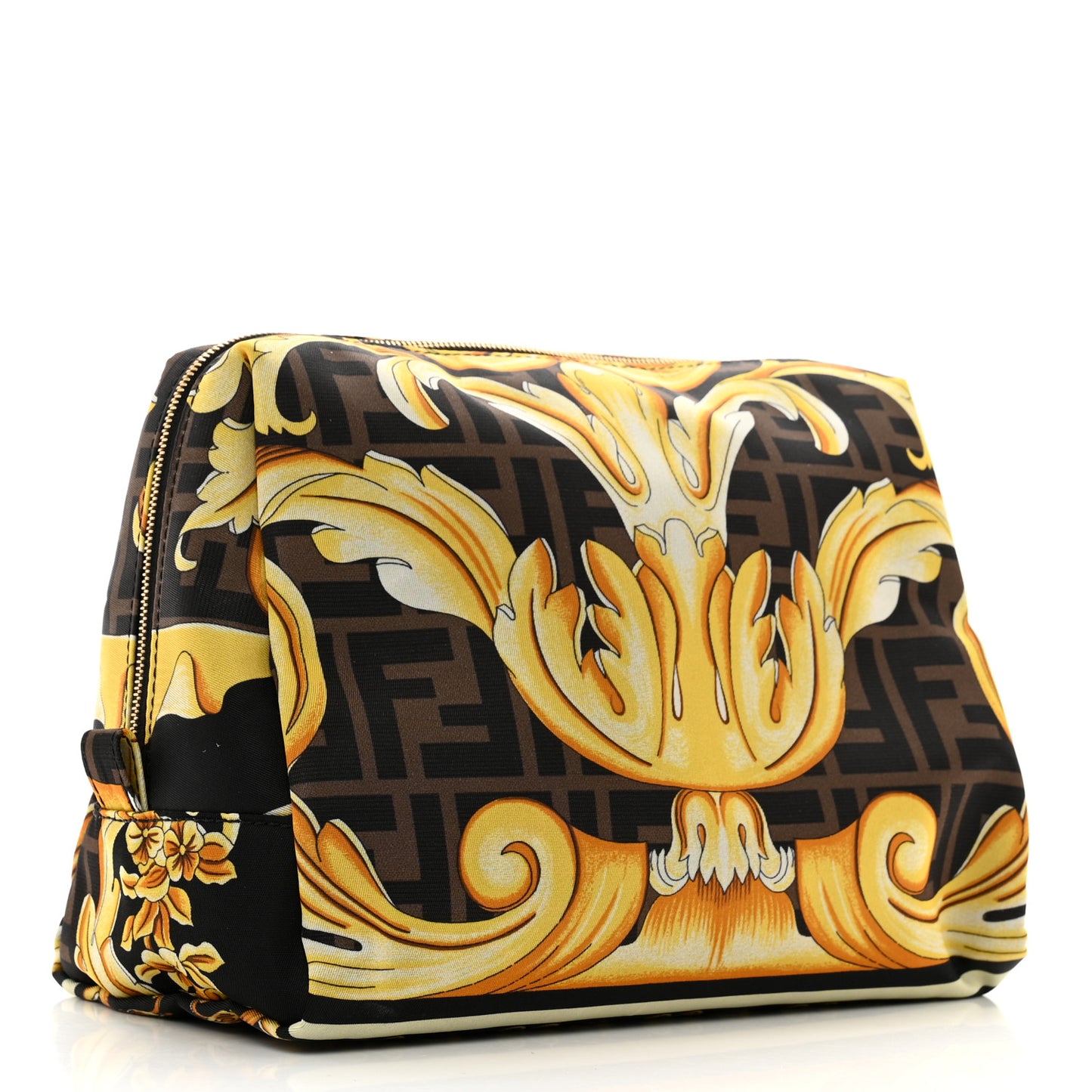 X VERSACE Nylon Fendace FF Baroque Print Medium Trapezoid Beauty Pouch Gold