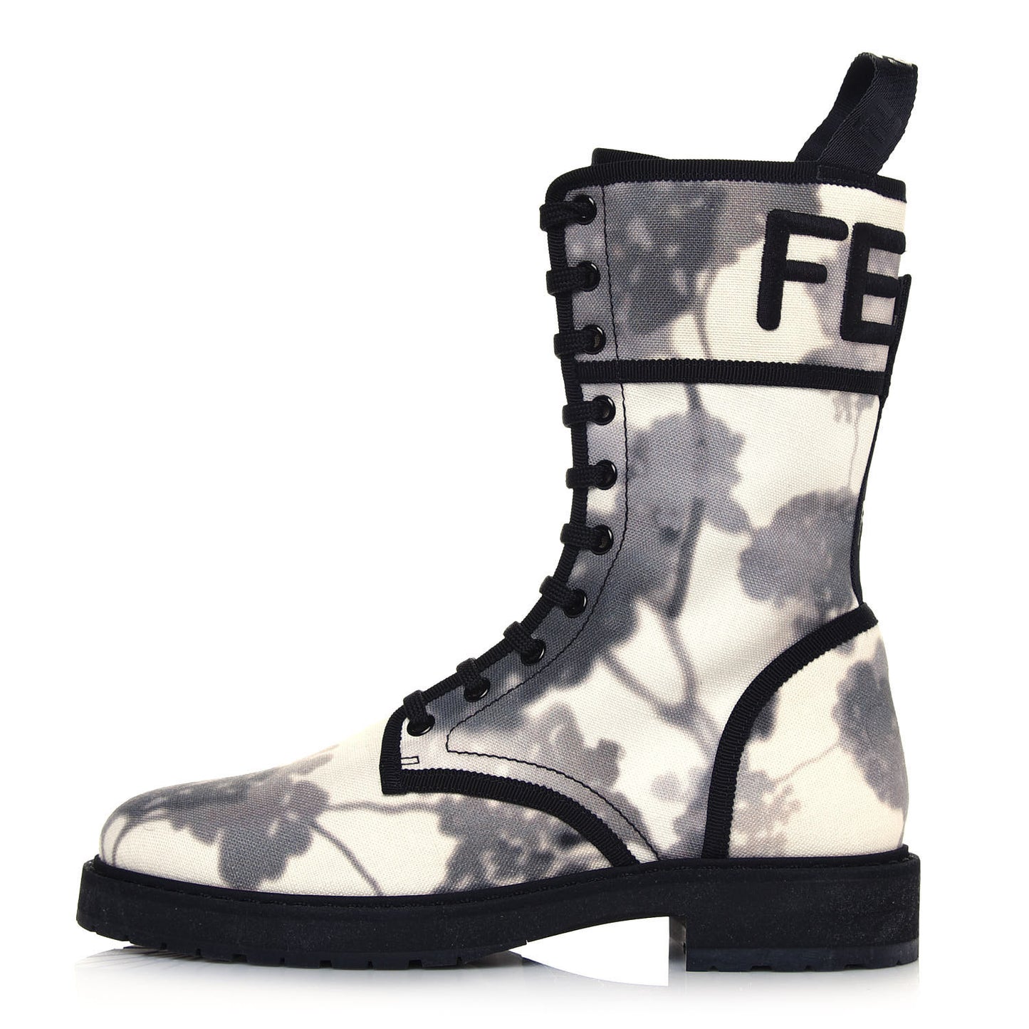 Canvas Floral Print Logo Bi-Color Womens Biker Boots 39 White Black