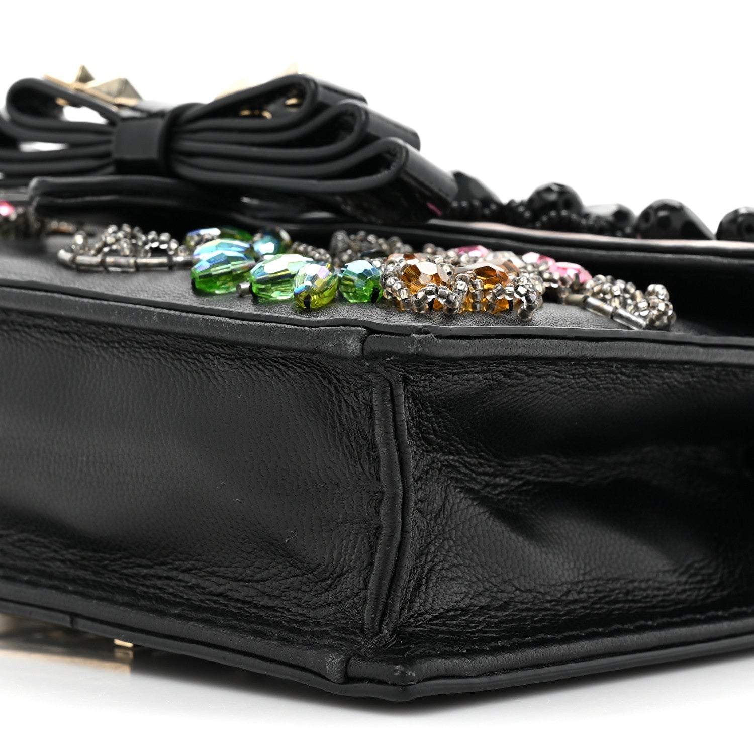 Valentino Garavani Calfskin Beaded Crystal Rockstud Bow Wristlet Clutch Black Poudre 7 of 14