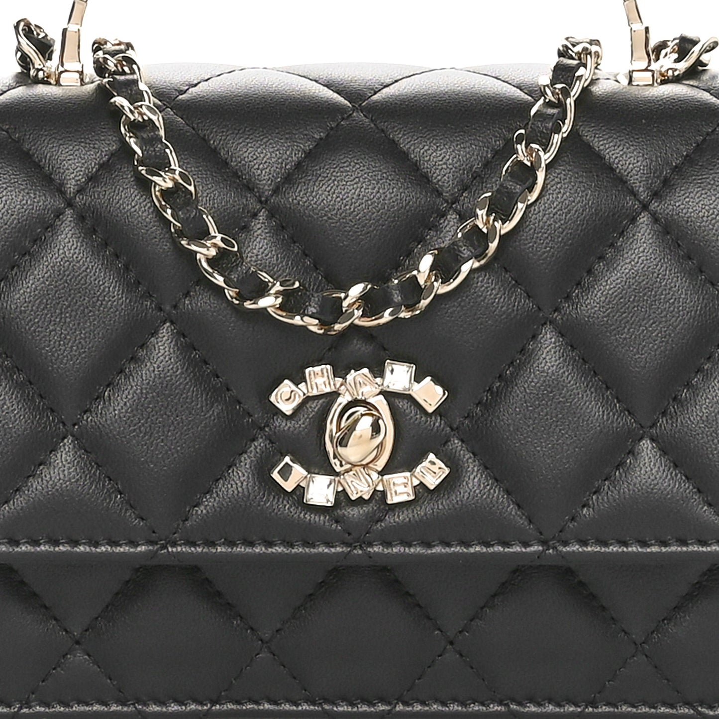 Lambskin Quilted Crystal Top Handle Clutch With Chain Black