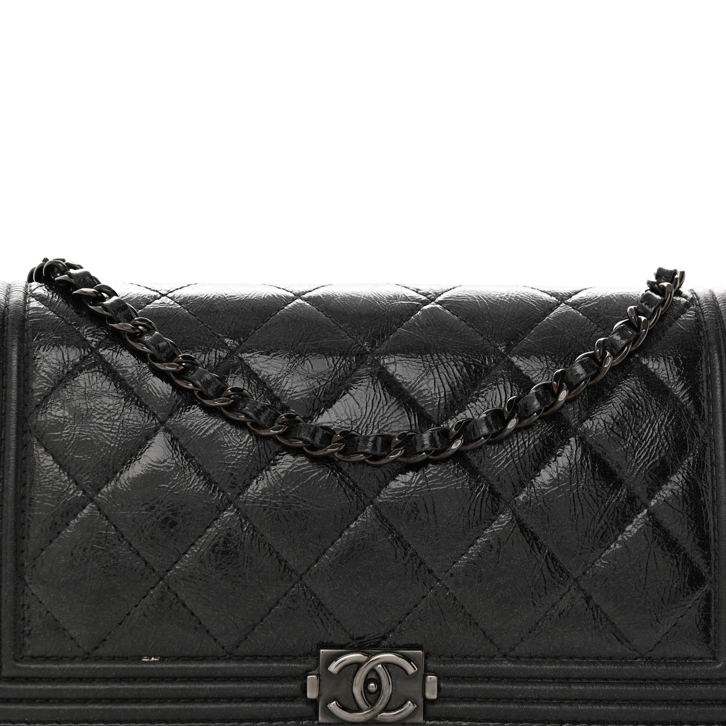 Shiny Aged Calfskin Quilted Boy Wallet On Chain WOC So Black