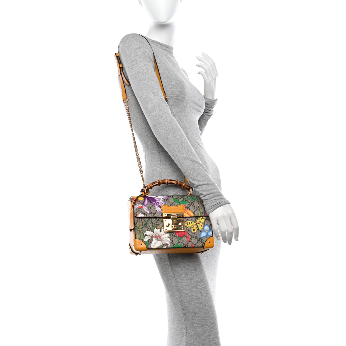 GG Supreme Monogram Flora Small Padlock Bamboo Shoulder Bag Beige Multicolor Crop