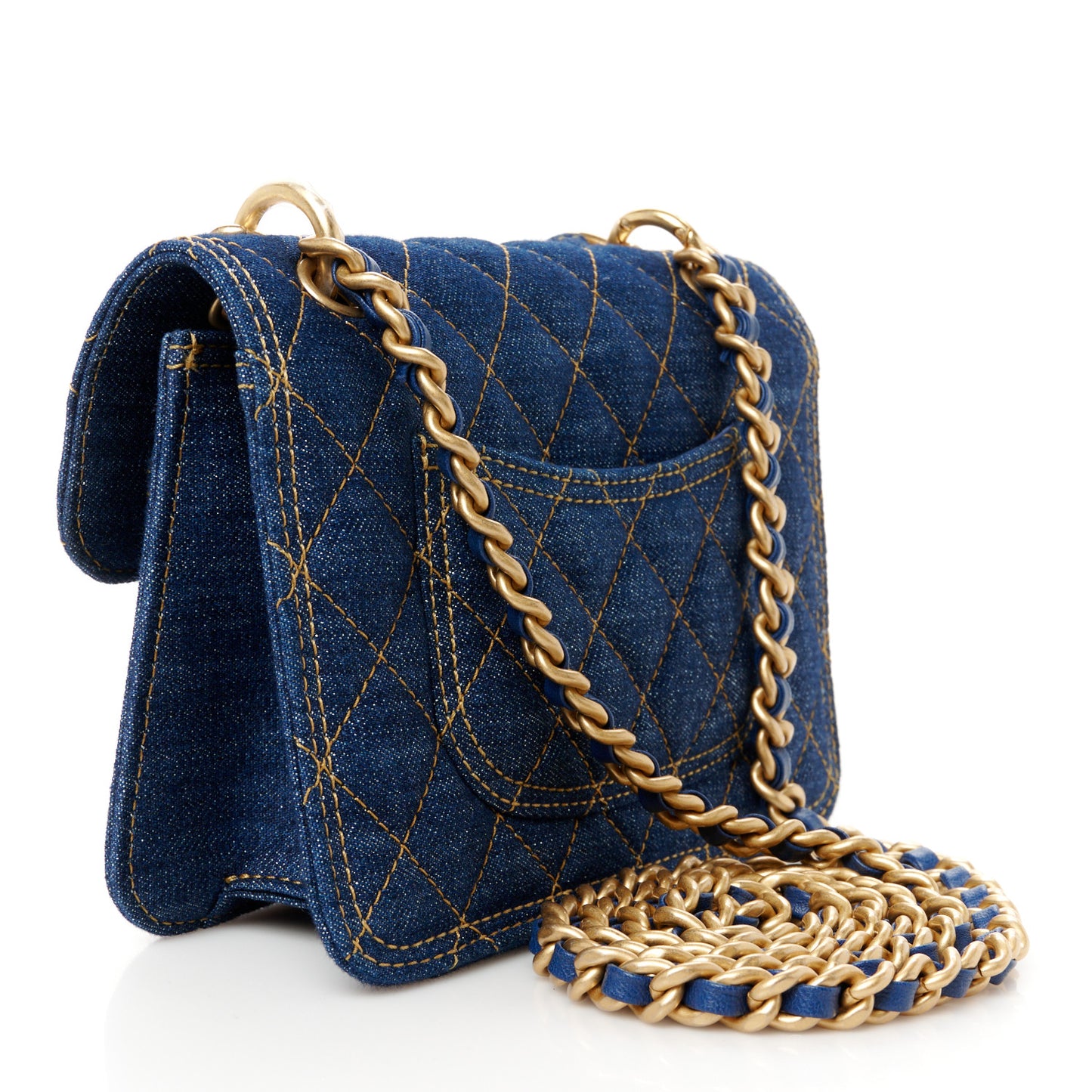 Denim Quilted Double You Mini Flap Blue Golden