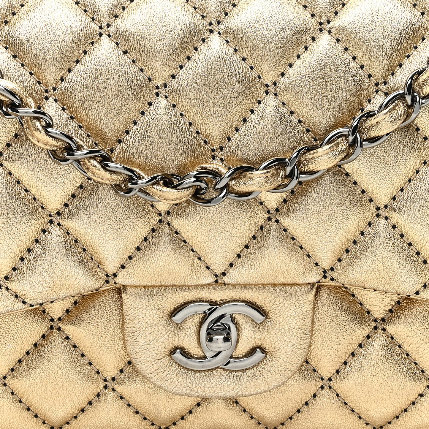 Metallic Washed Lambskin Quilted Jumbo Double Flap Dark Gold