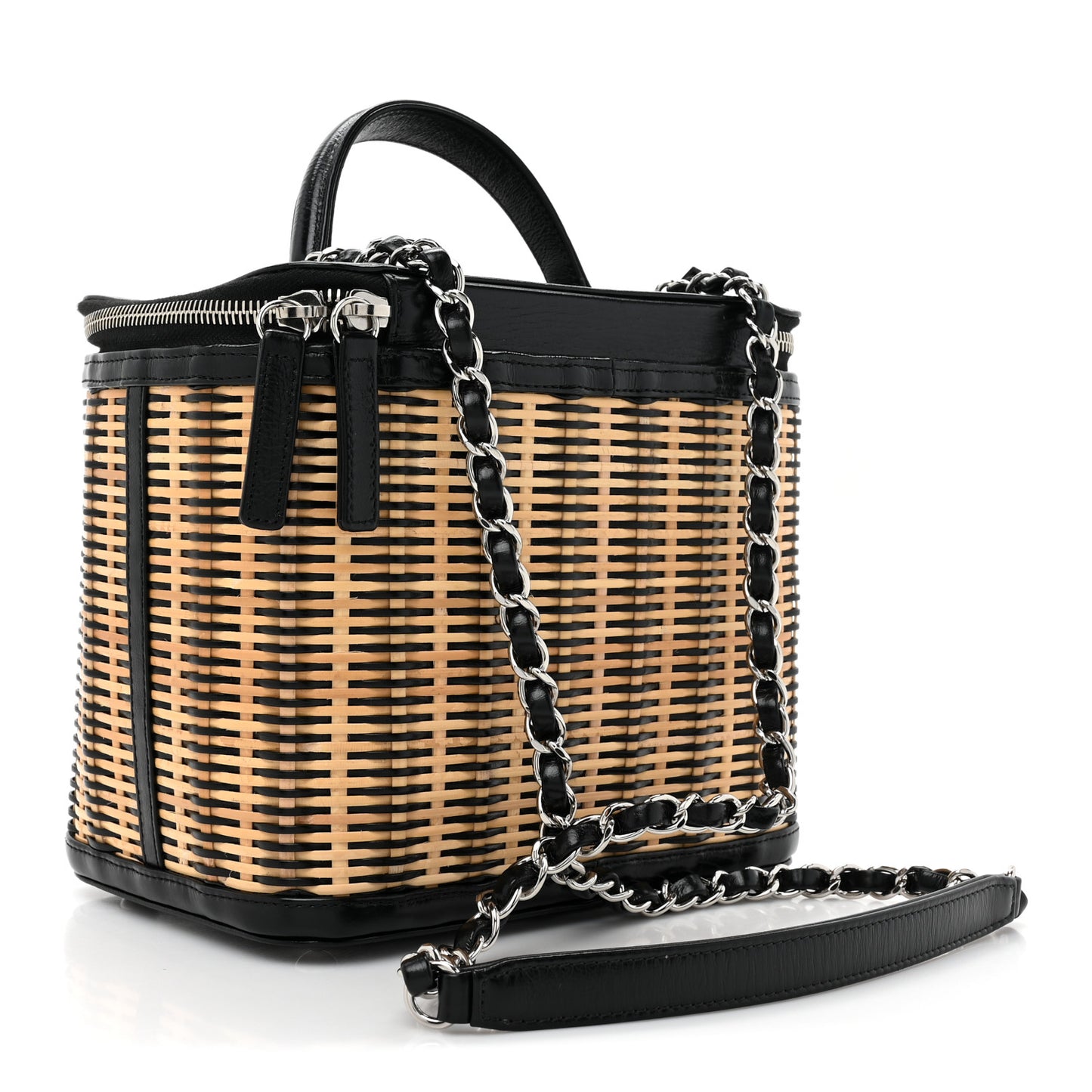Glazed Calfskin Raffia Vanity Case Bag Black Beige