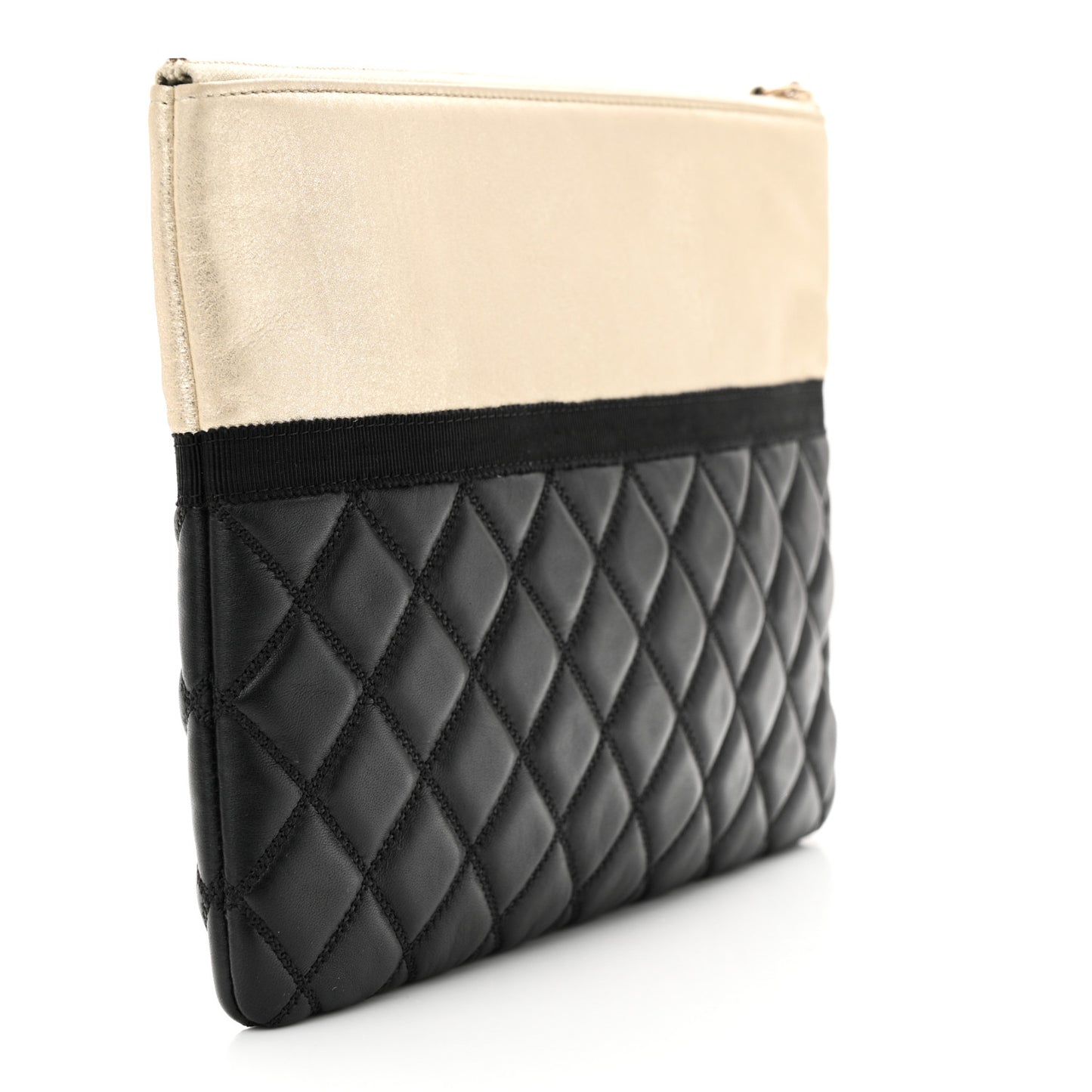 Metallic Goatskin Lambskin Grosgrain Pearl CC Medium Cosmetic Case Black Gold