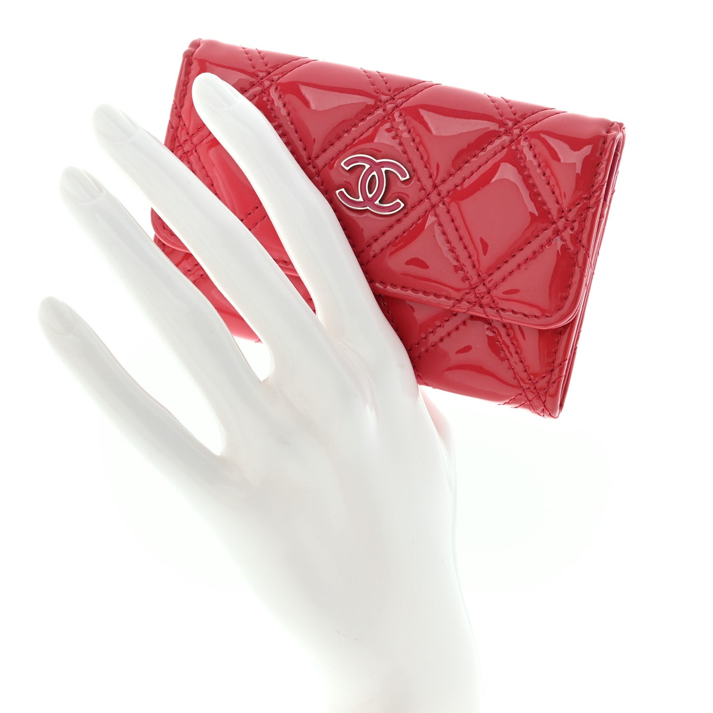 Patent Quilted Double Stitched Flap Card Holder Dark Pink