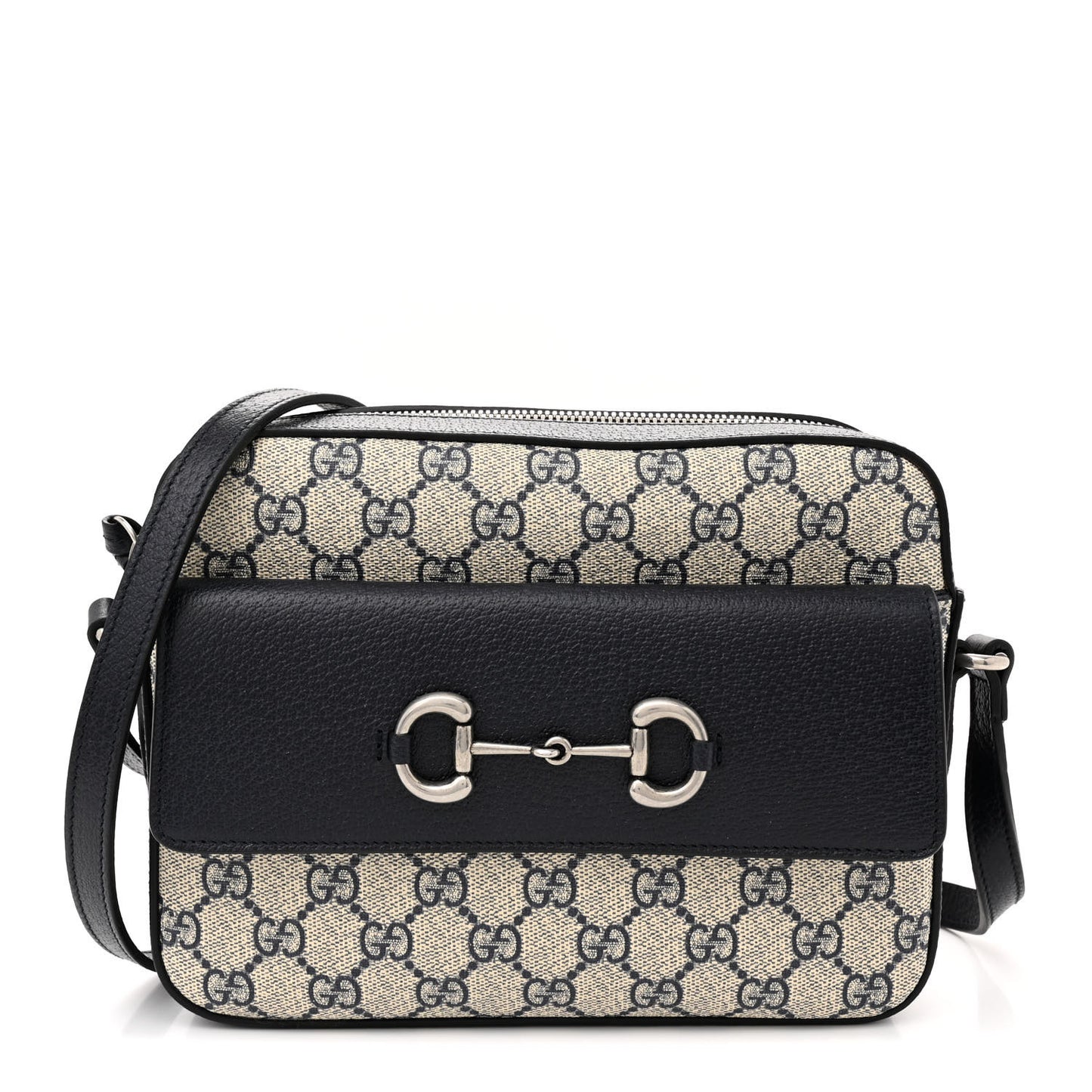 GG Supreme Monogram Textured Dollar Calfskin Small Horsebit 1955 Shoulder Bag Beige Blue