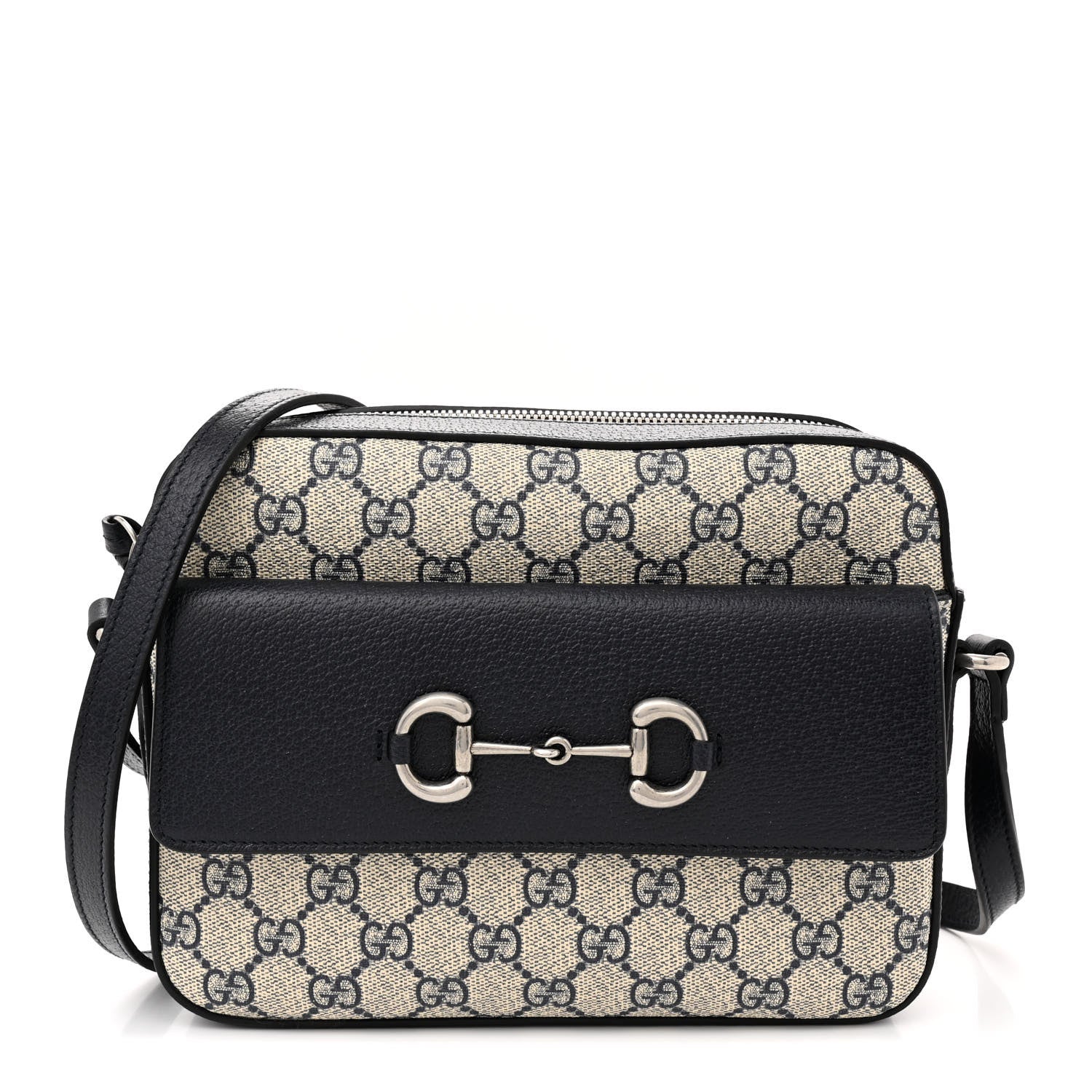 Gucci GG Supreme Monogram Textured Dollar Calfskin Small Horsebit 1955 Shoulder Bag Beige Blue 1 of 12