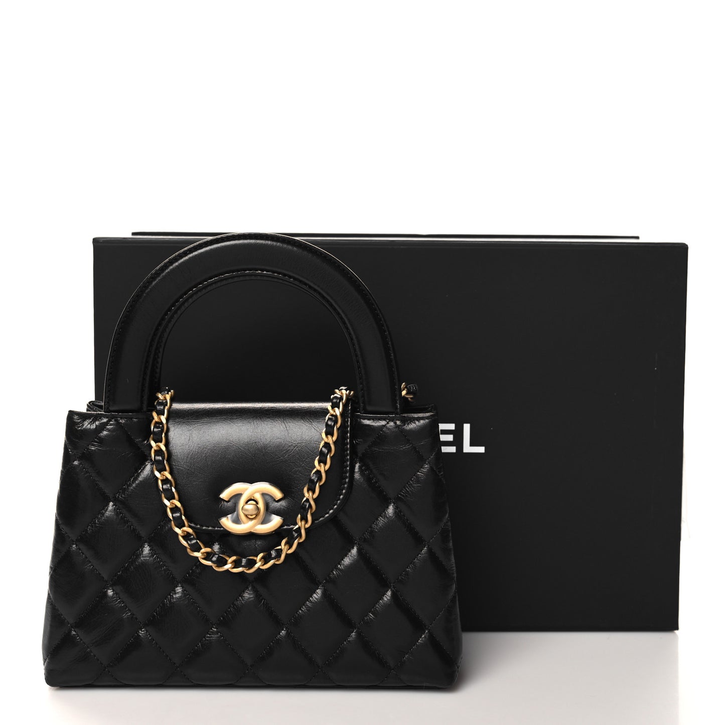 Shiny Aged Calfskin Quilted Nano Kelly Shopper Black