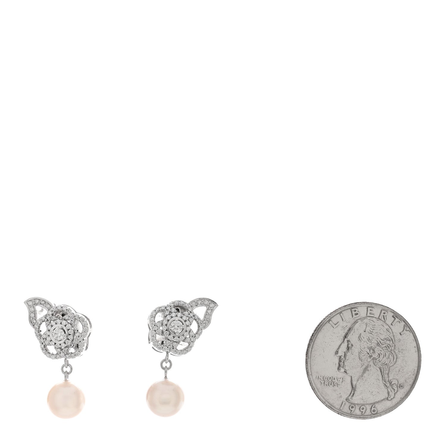 Chanel 18K White Gold Diamond Pearl Camelia Drop Earrings 2 of 4