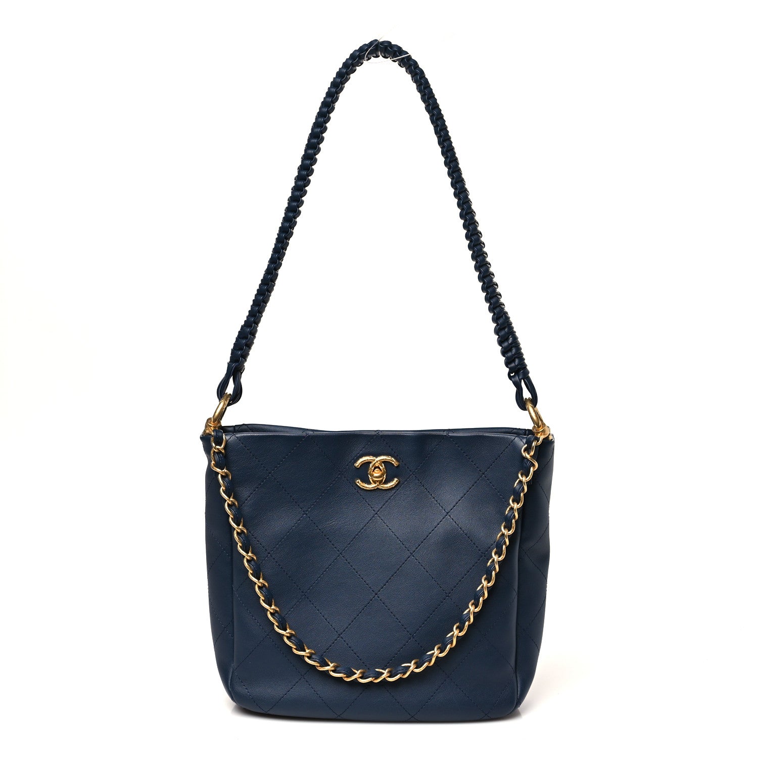 Chanel Calfskin Quilted Braided Handle Chain Hobo Navy Blue