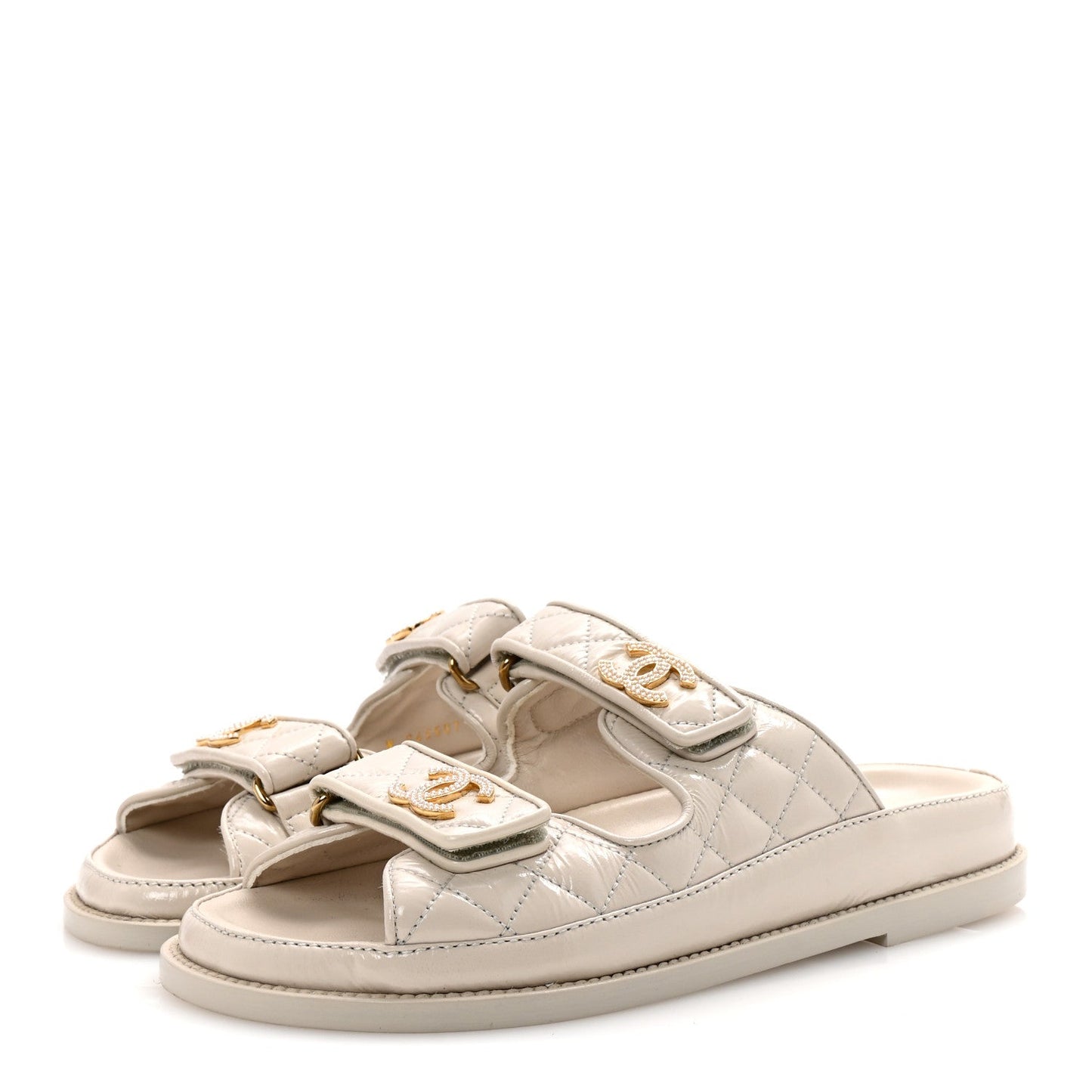 Shiny Calfskin Pearl Quilted Velcro Dad CC Slide Sandals 36.5 Light Beige
