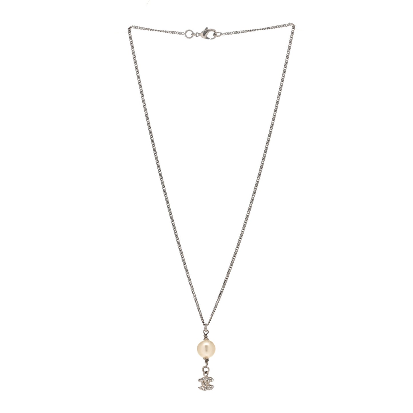 Pearl Crystal CC Drop Necklace Silver