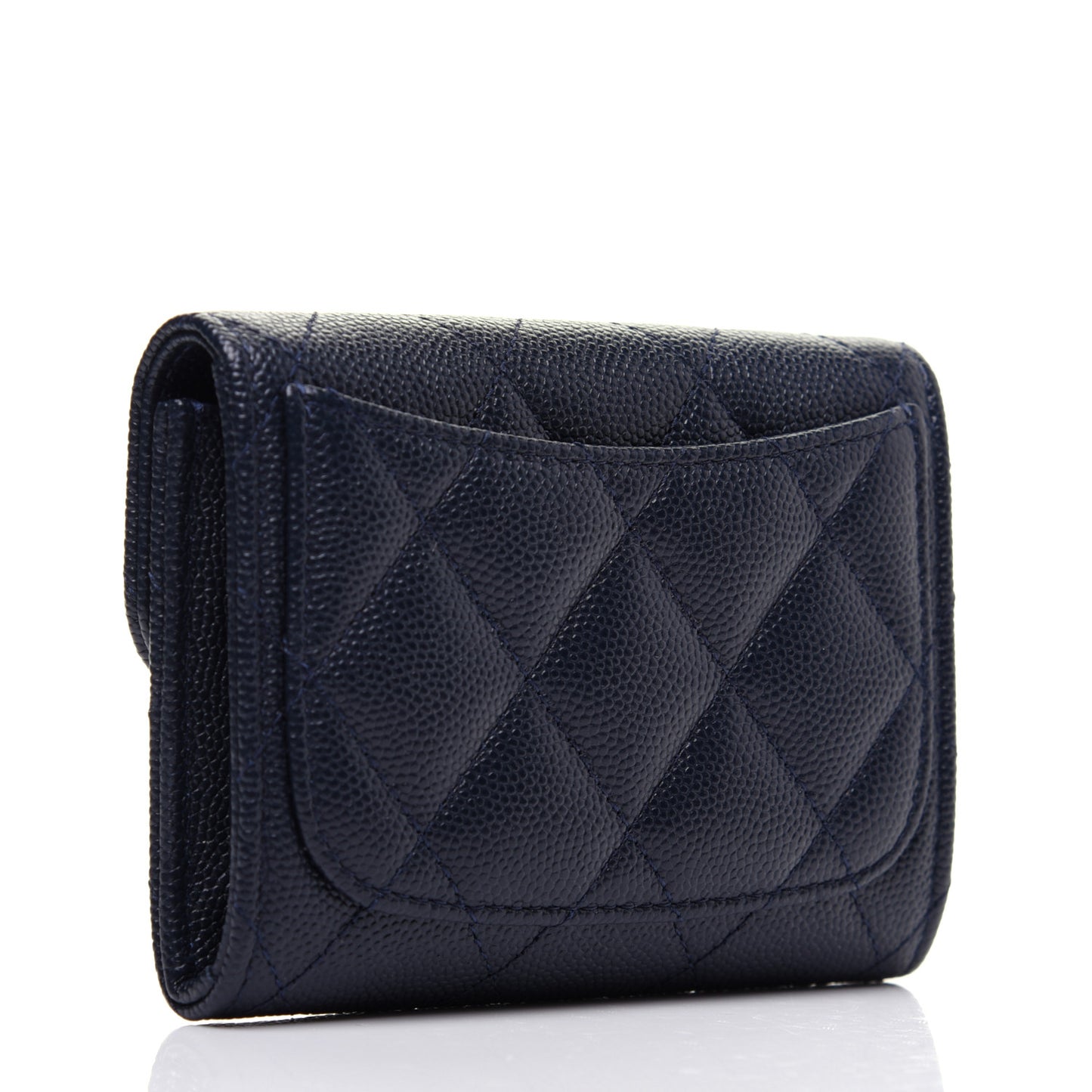 Caviar Quilted Flap Card Holder Wallet Navy Blue