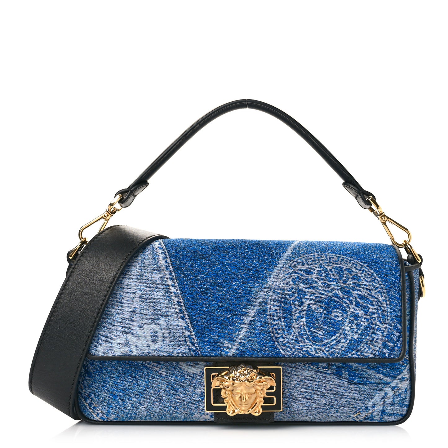 X FENDI Fabric Calfskin Medusa Denim Patchwork Print Baguette Blue Black Gold