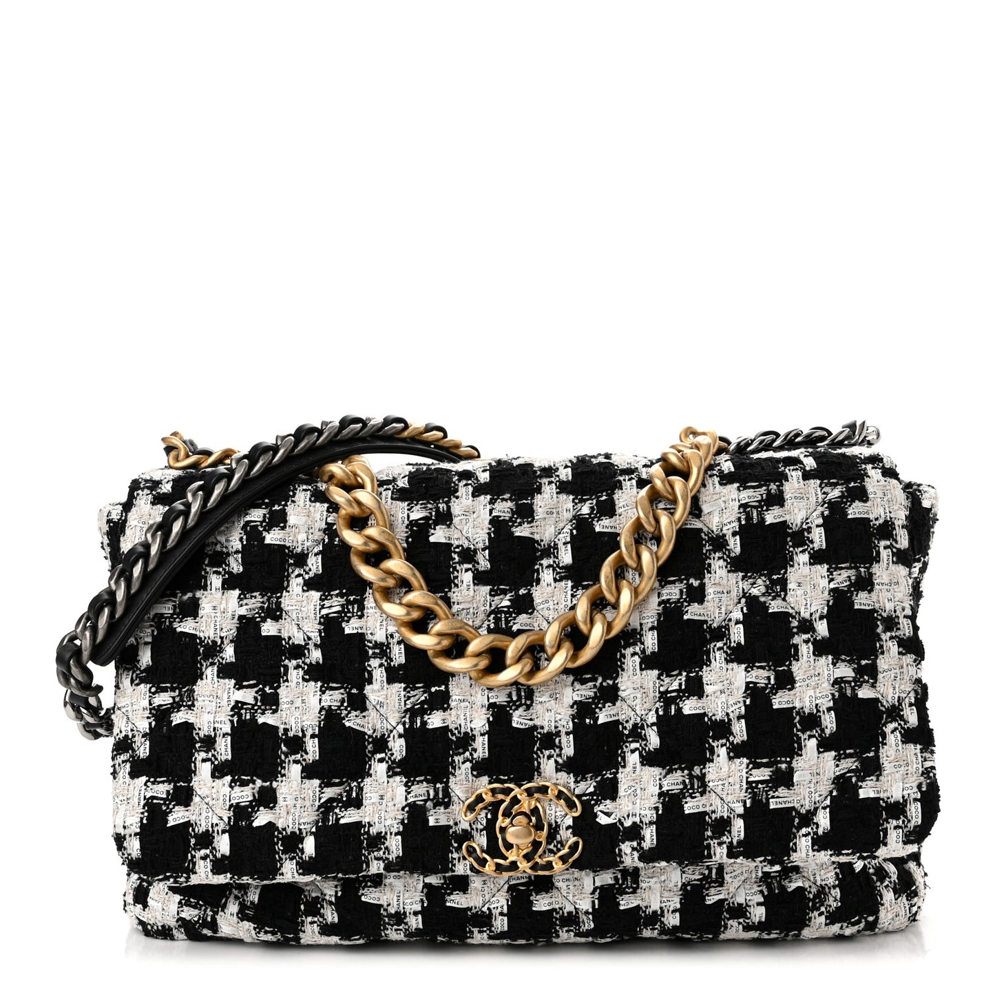 Tweed Quilted Maxi Chanel 19 Flap Black Ecru White