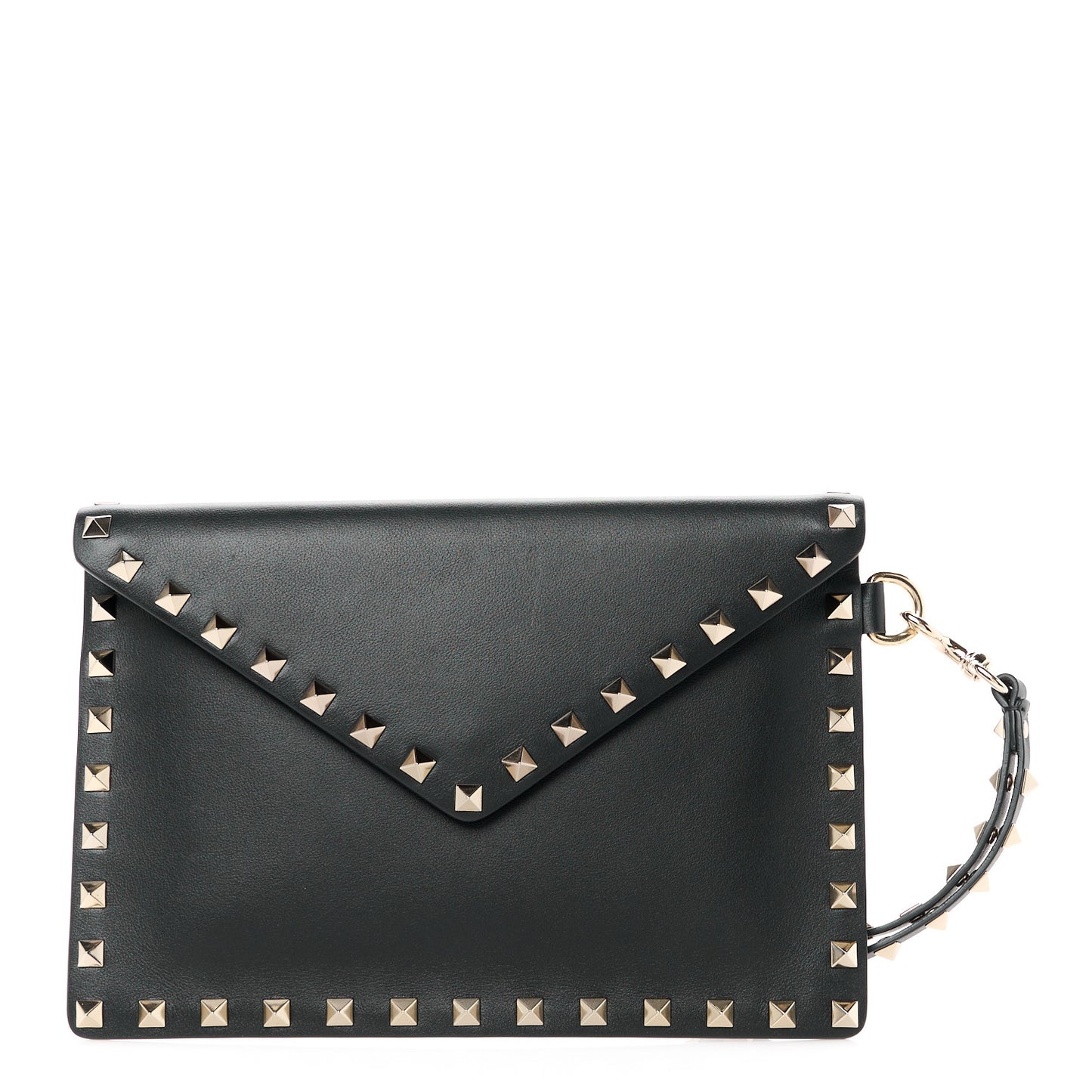 Vitello Medium Rockstud Envelope Flat Wristlet Pouch Black