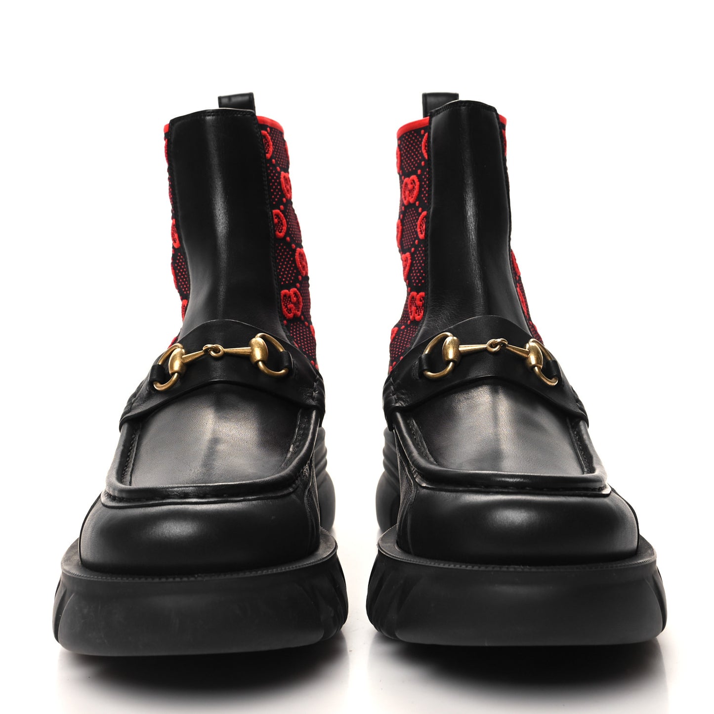 Quebec Calfskin Technical Jersey Knit GG Monogram Mens Horsebit Ankle Boots 10 Black Light Hibiscus Red