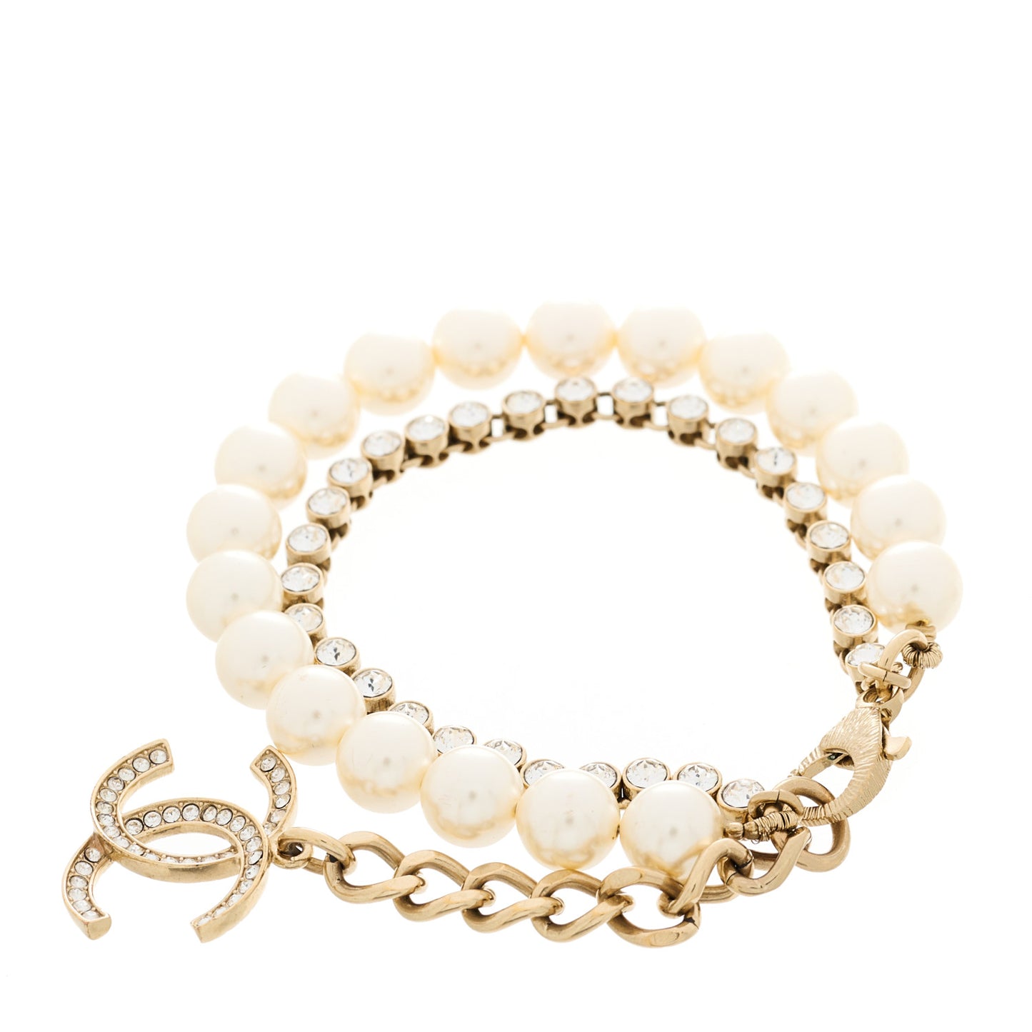 Pearl Crystal CC Double Strand Bracelet Gold White