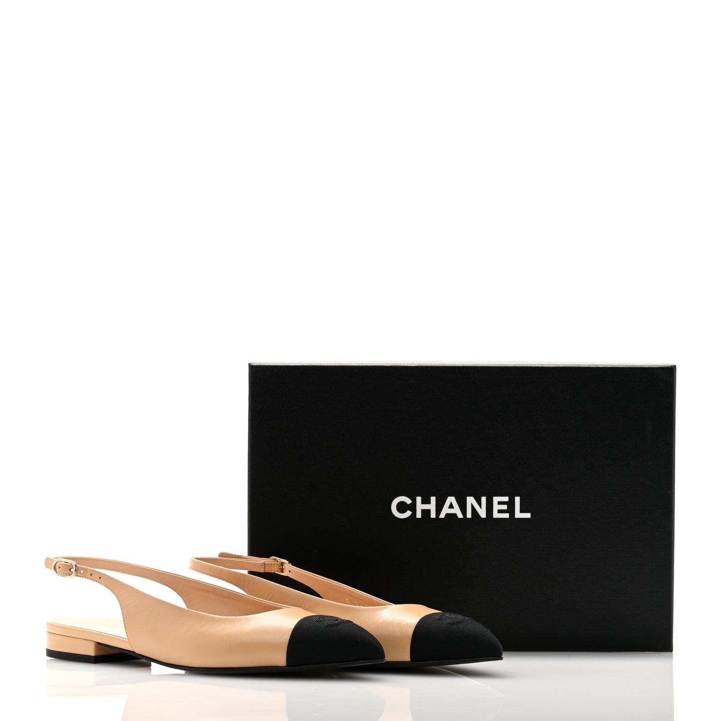 Goatskin Grosgrain Pointed Toe CC Slingback Flats 40 Beige Black