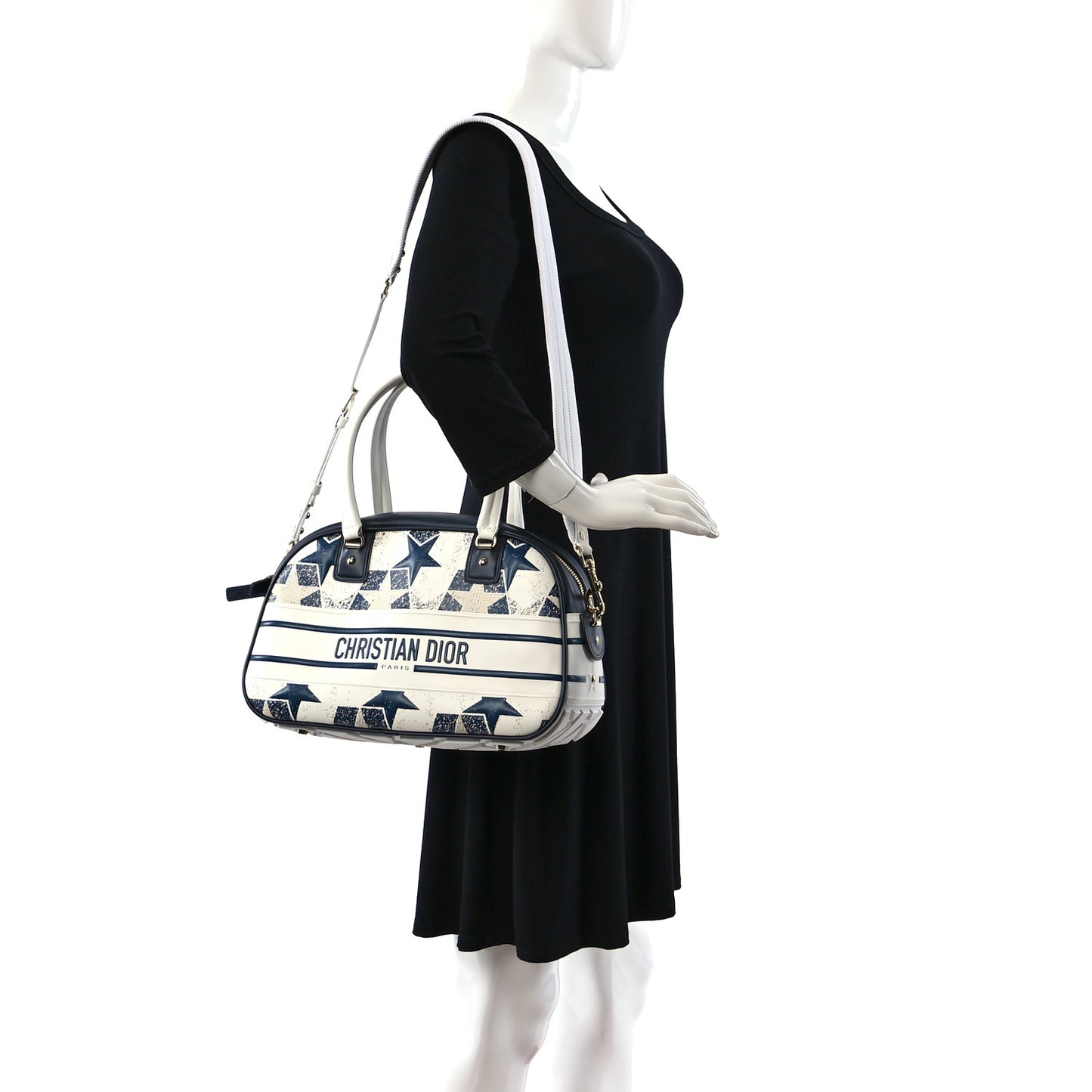 Calfskin Star Medium Dior Vibe Zip Bowling Bag White Blue