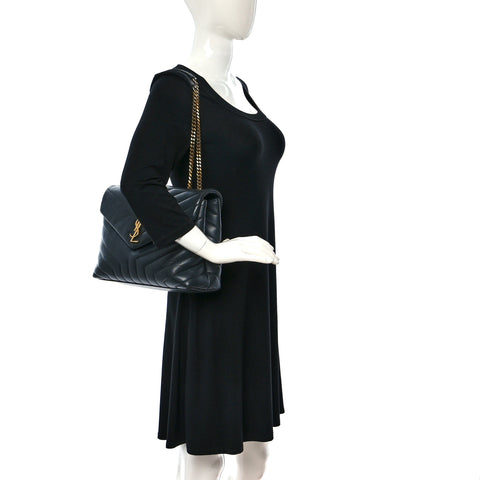 Calfskin Y Quilted Monogram Medium Loulou Chain Satchel Dark Smog