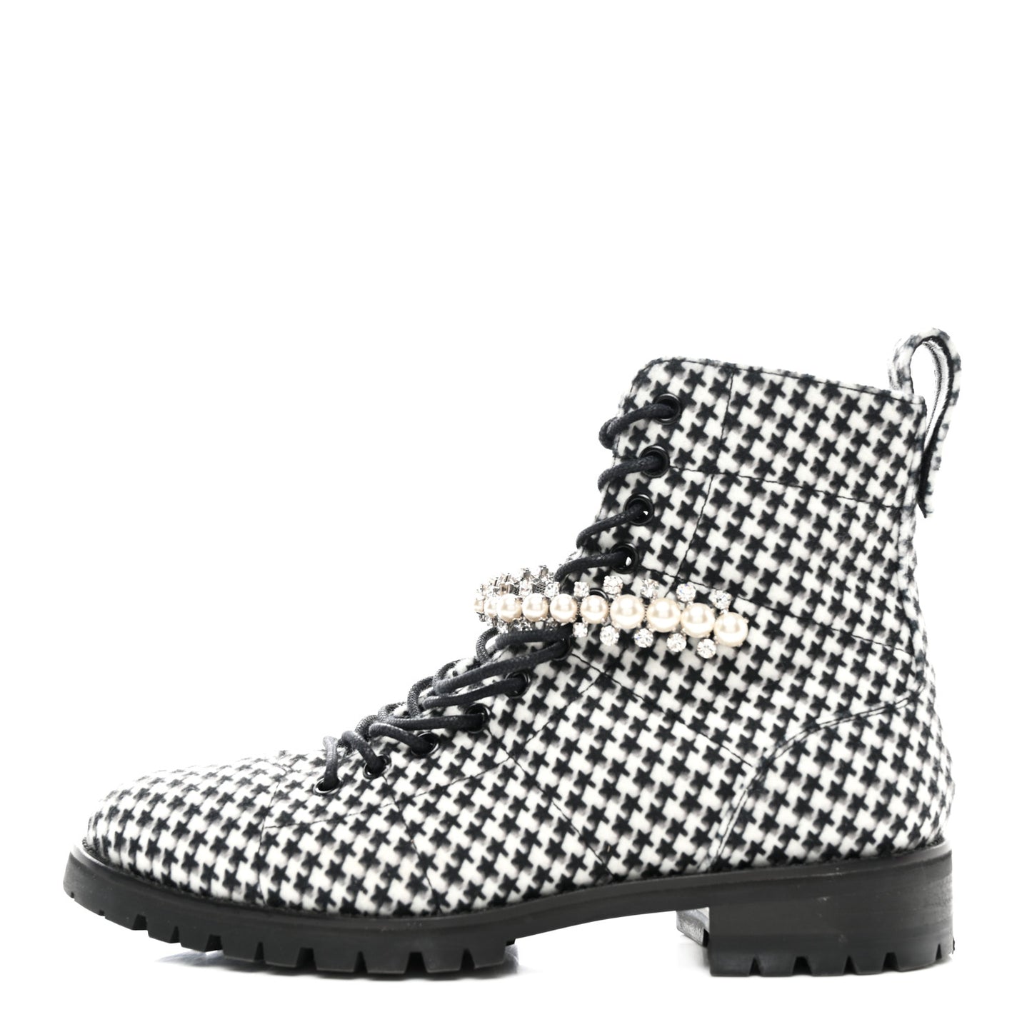 Houndstooth Crystal Embellished Cruz Combat Boots 38 Black White