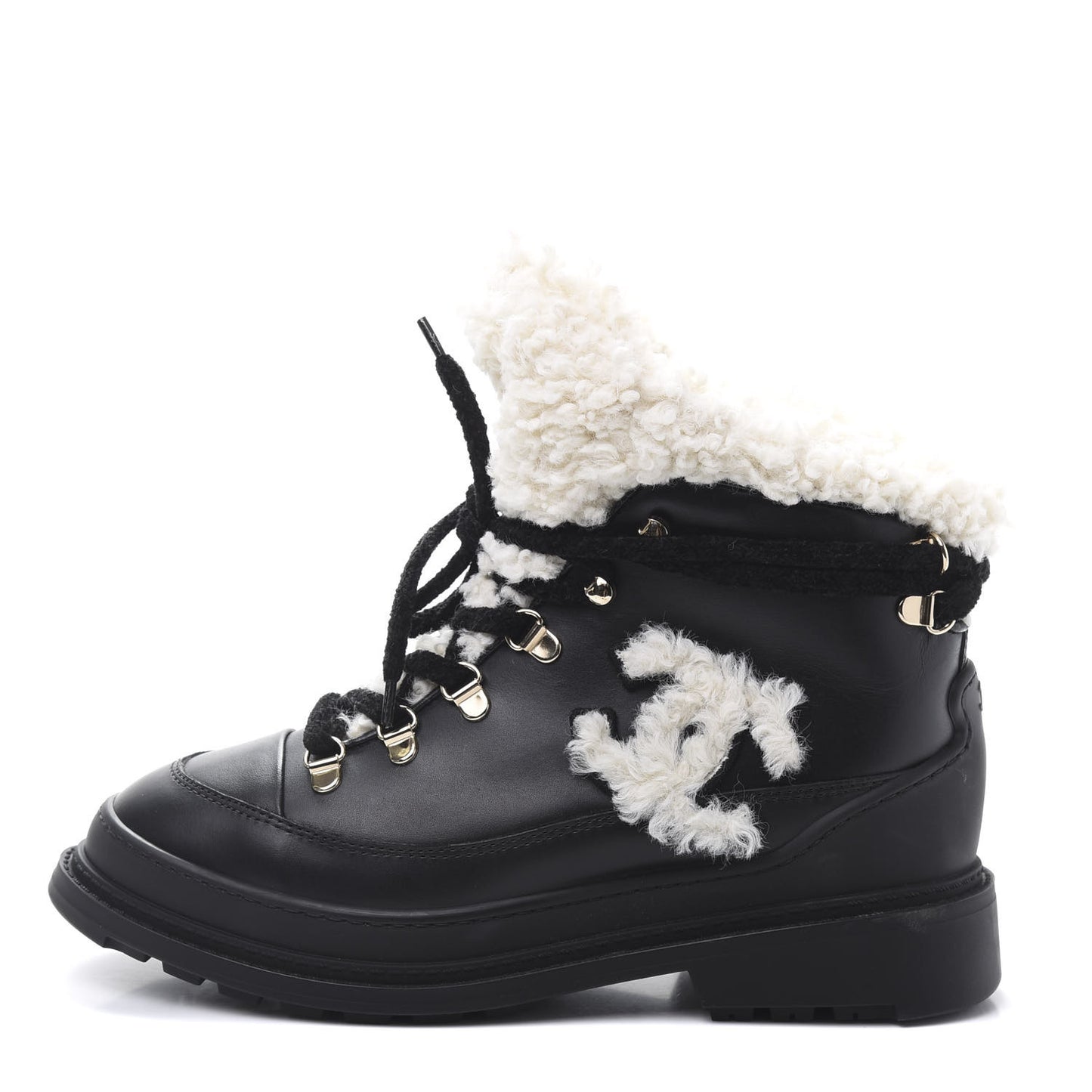 Calfskin Shearling CC Lace Up Boots 38 Black