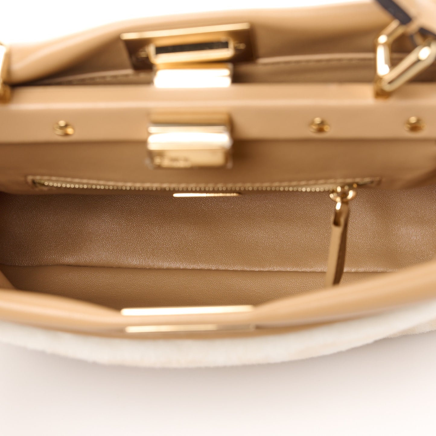 Shearling Nappa Macro FF 1974 Mini Peekaboo Iconic Satchel White Ice Cuoio Miele Scuro