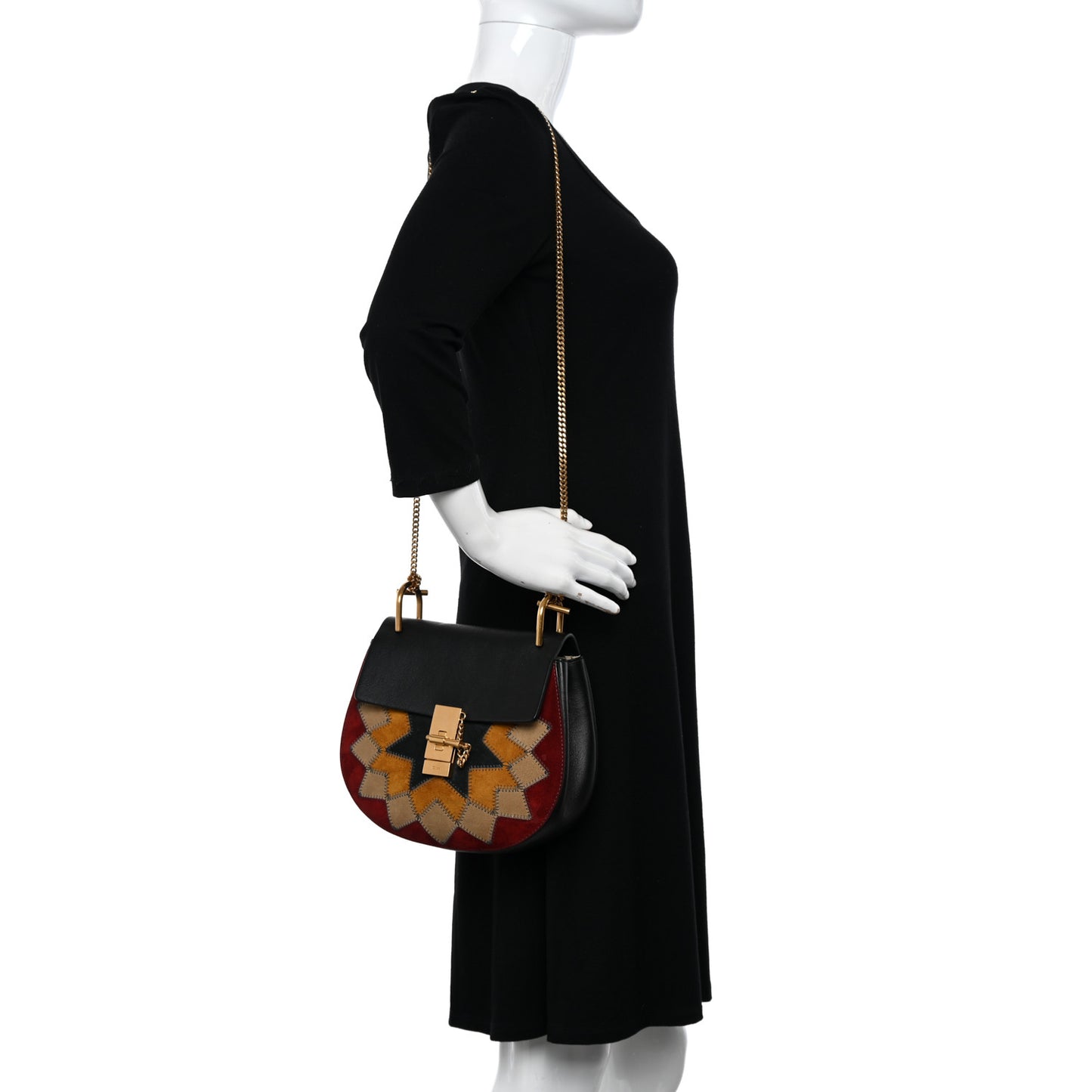 Suede Calfskin Wonder Woman Patchwork Drew Shoulder Bag Black