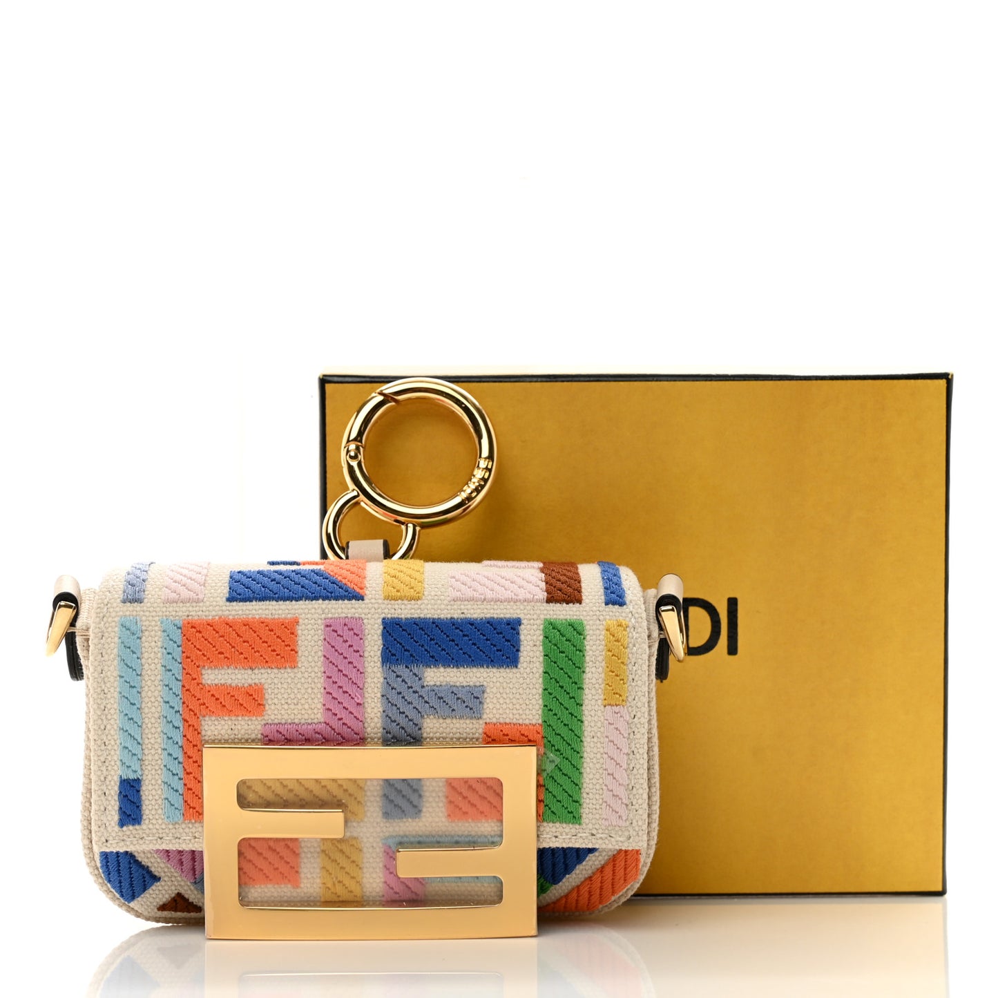 Canvas Nappa FF Multicolor Embroidered Nano Maxi Buckle Baguette Charm Grezzo Multicolor