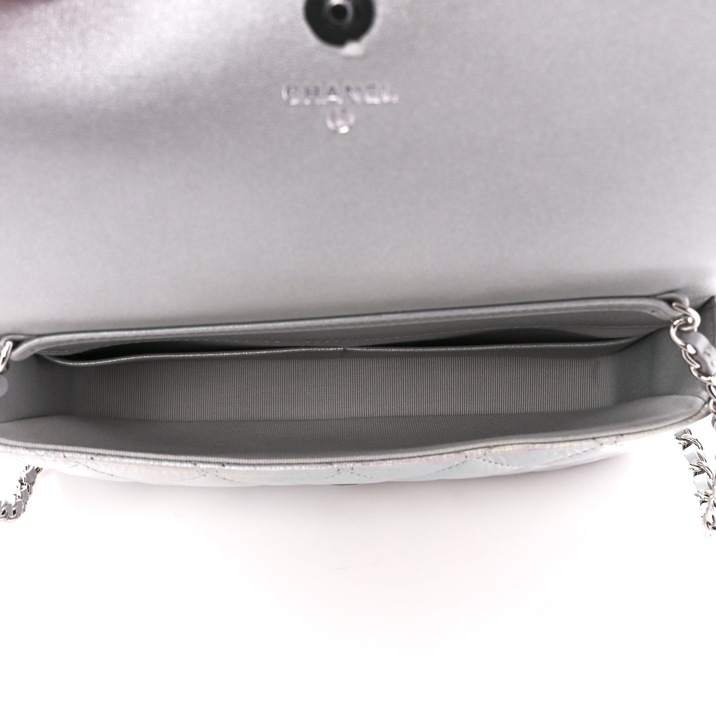 Iridescent Mirror Goatskin Quilted Clutch With Chain Silver