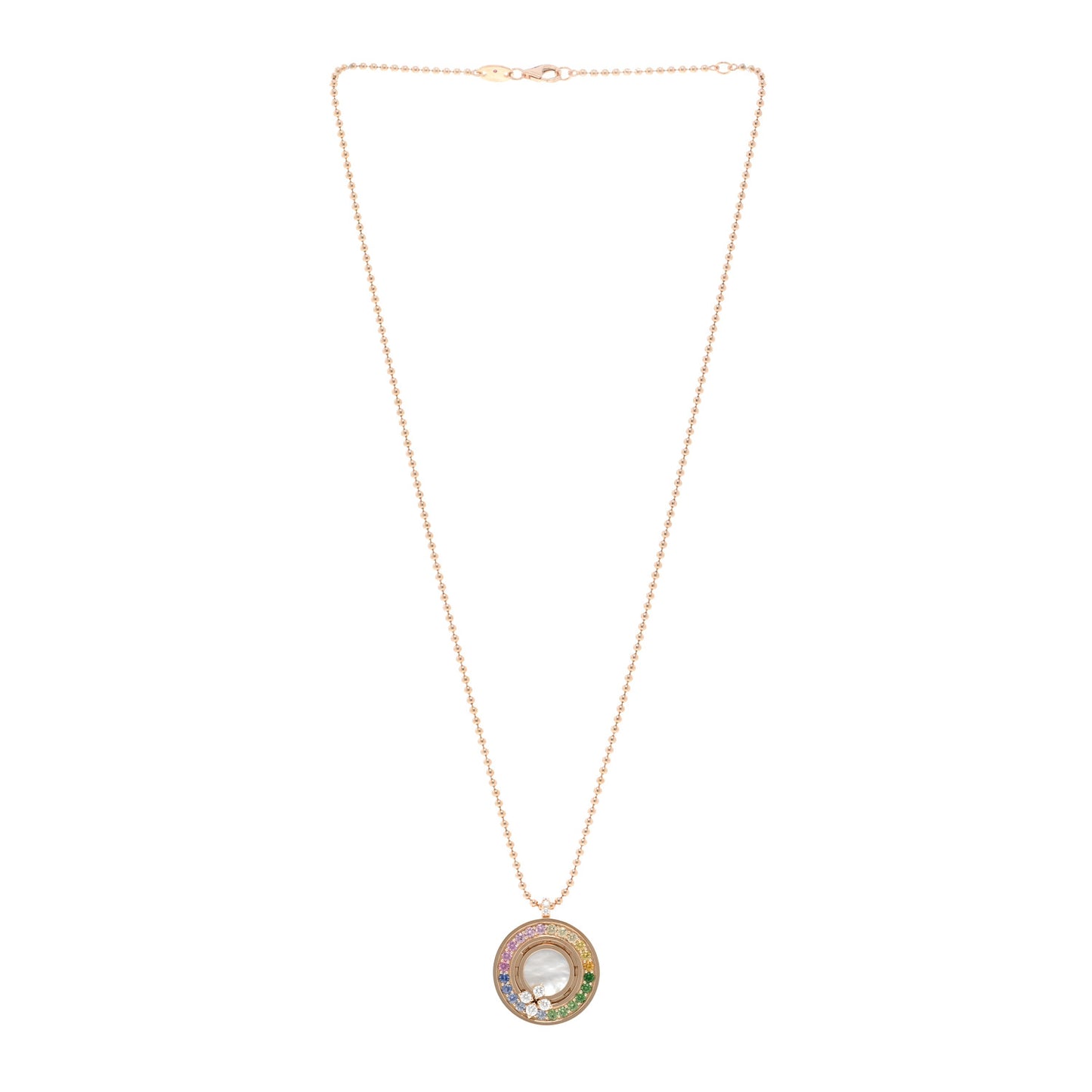 18K Rose Gold Diamond Sapphire Tsavorite Mother of Pearl Love in Verona Rainbow Medallion Necklace