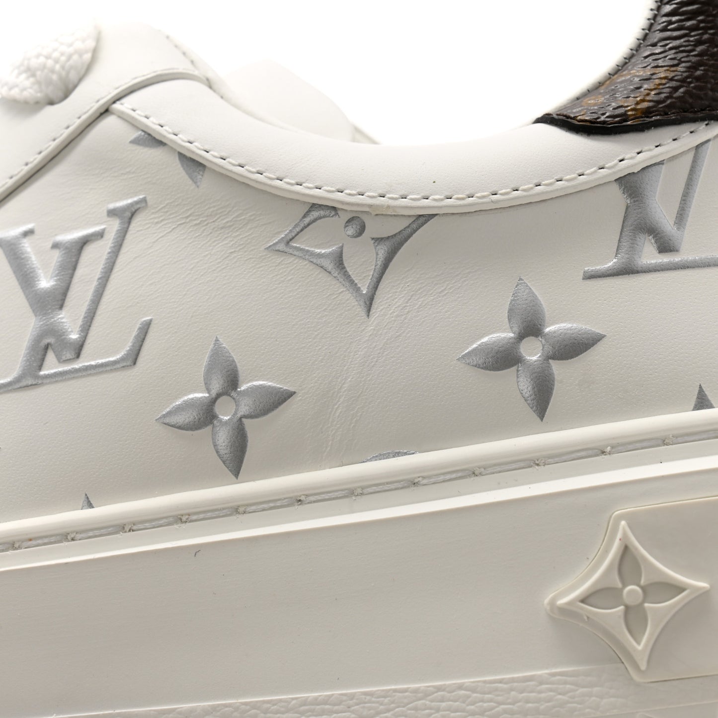 Calfskin Monogram Debossed Time Out Sneakers 35.5 White Silver