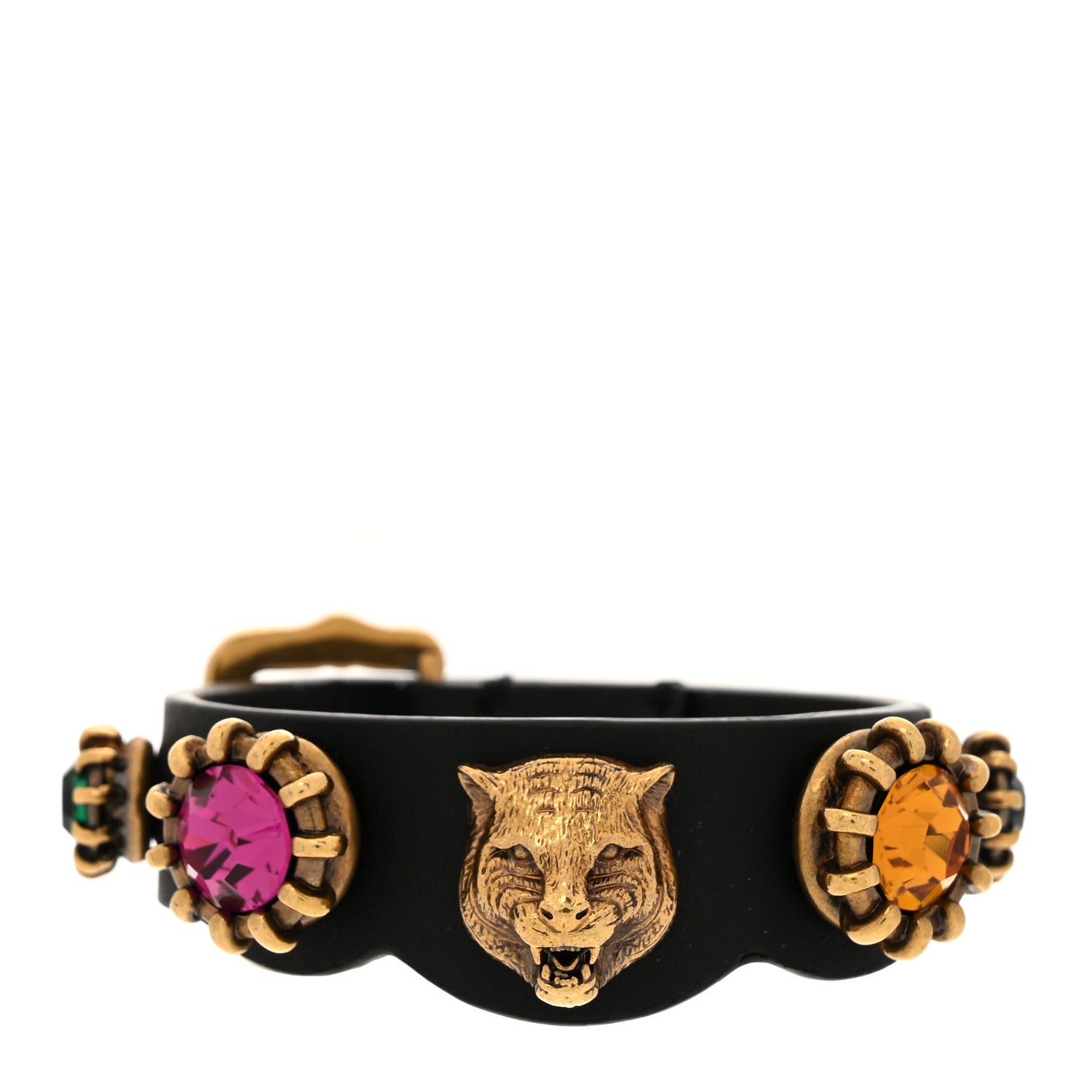Gucci Calfskin Crystal Feline Heads Bracelet Black 1 of 5