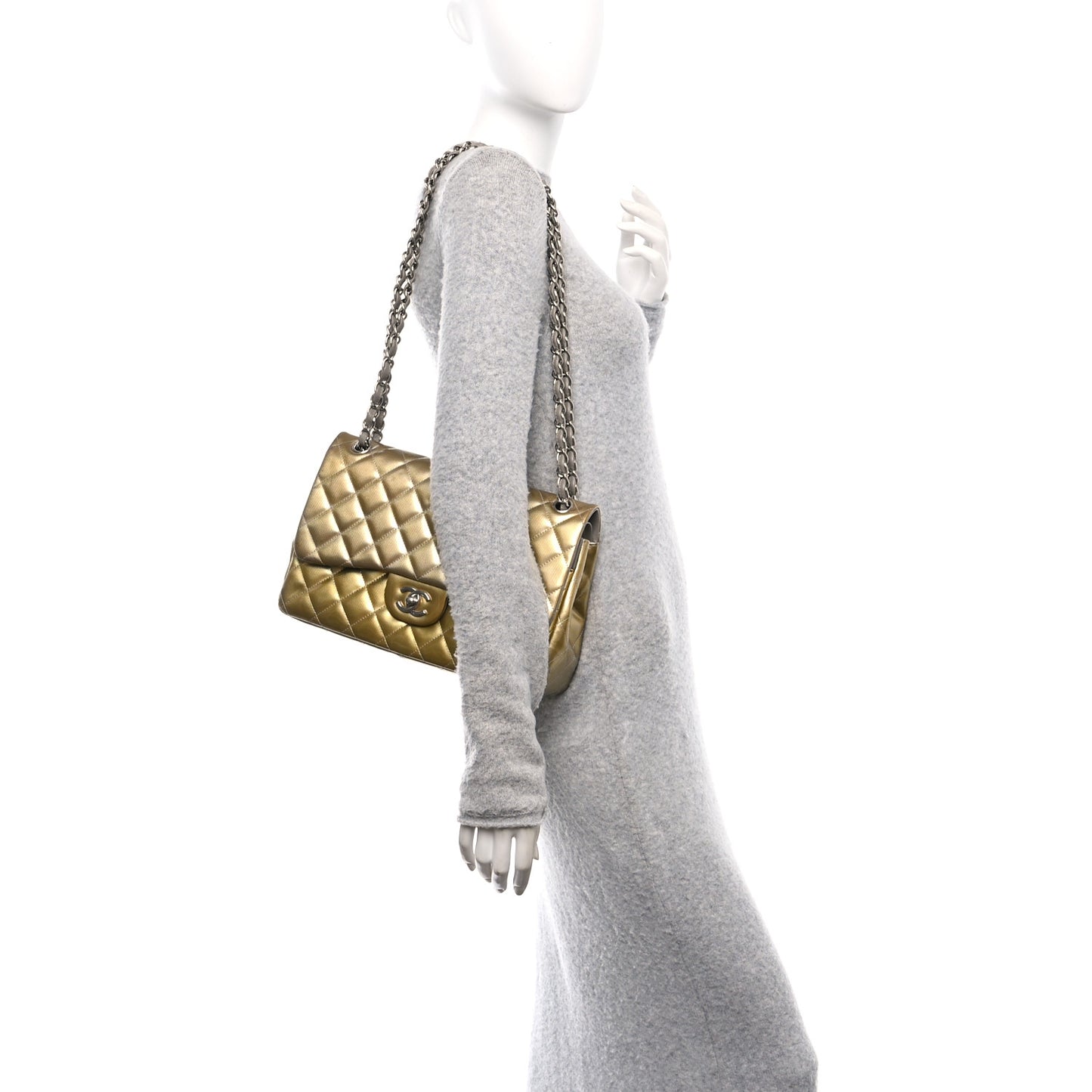 Striated Patent Quilted Jumbo Double Flap Gold