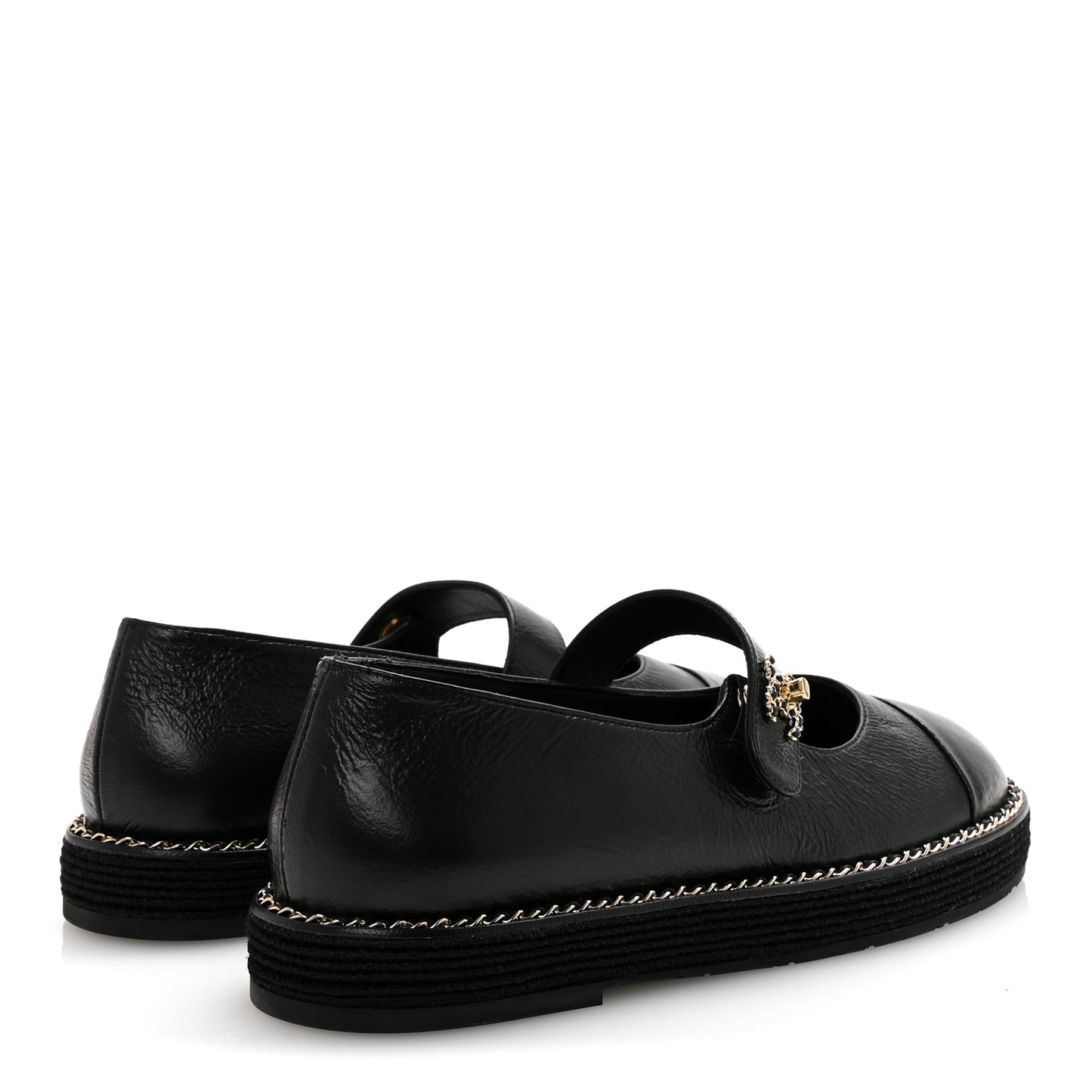 Crumpled Lambskin Cap Toe Chain CC Turnlock Mary Jane Flats 37 Black