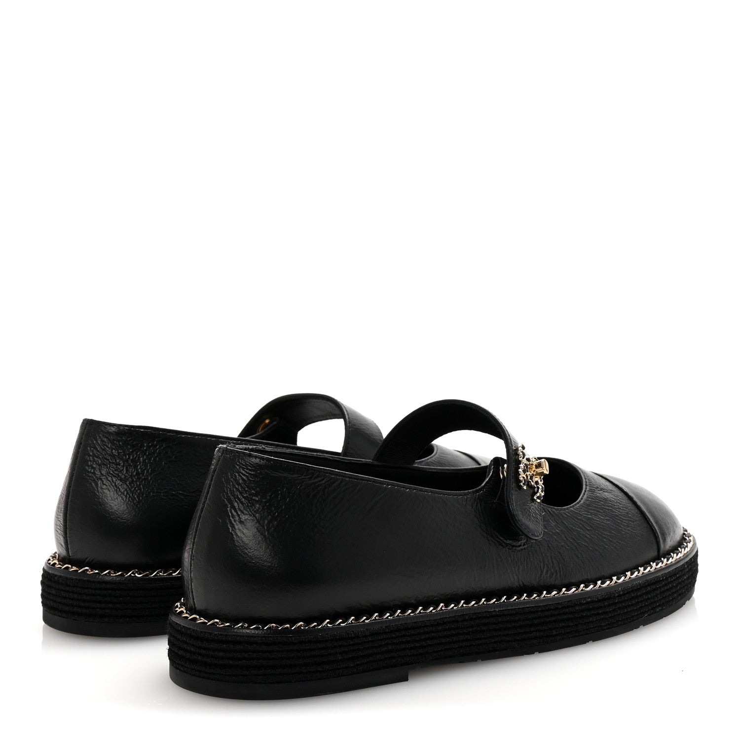 Chanel Crumpled Lambskin Cap Toe Chain CC Turnlock Mary Jane Flats 37 Black 5 of 9