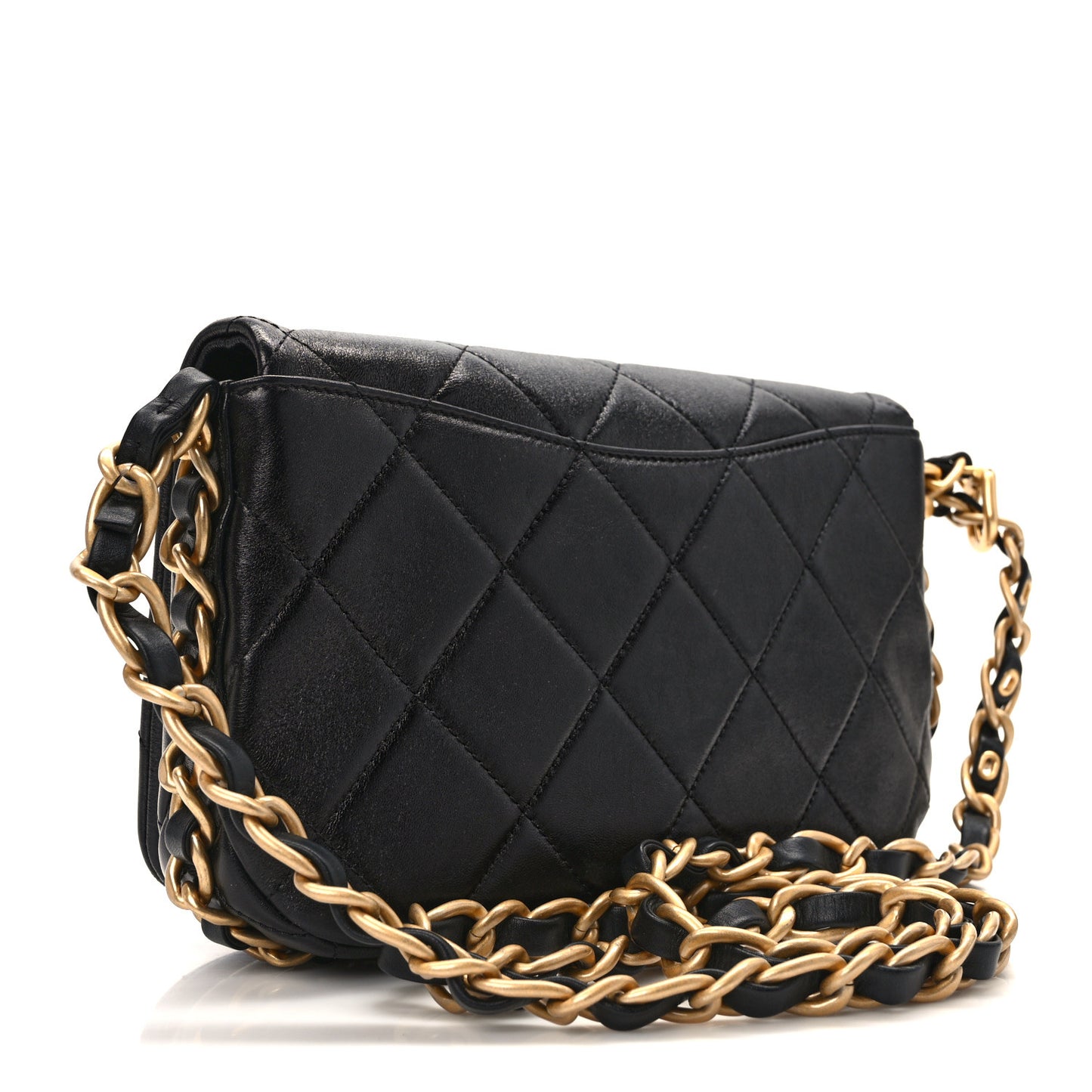 Shiny Lambskin Quilted Chain Around Flap Bag Black