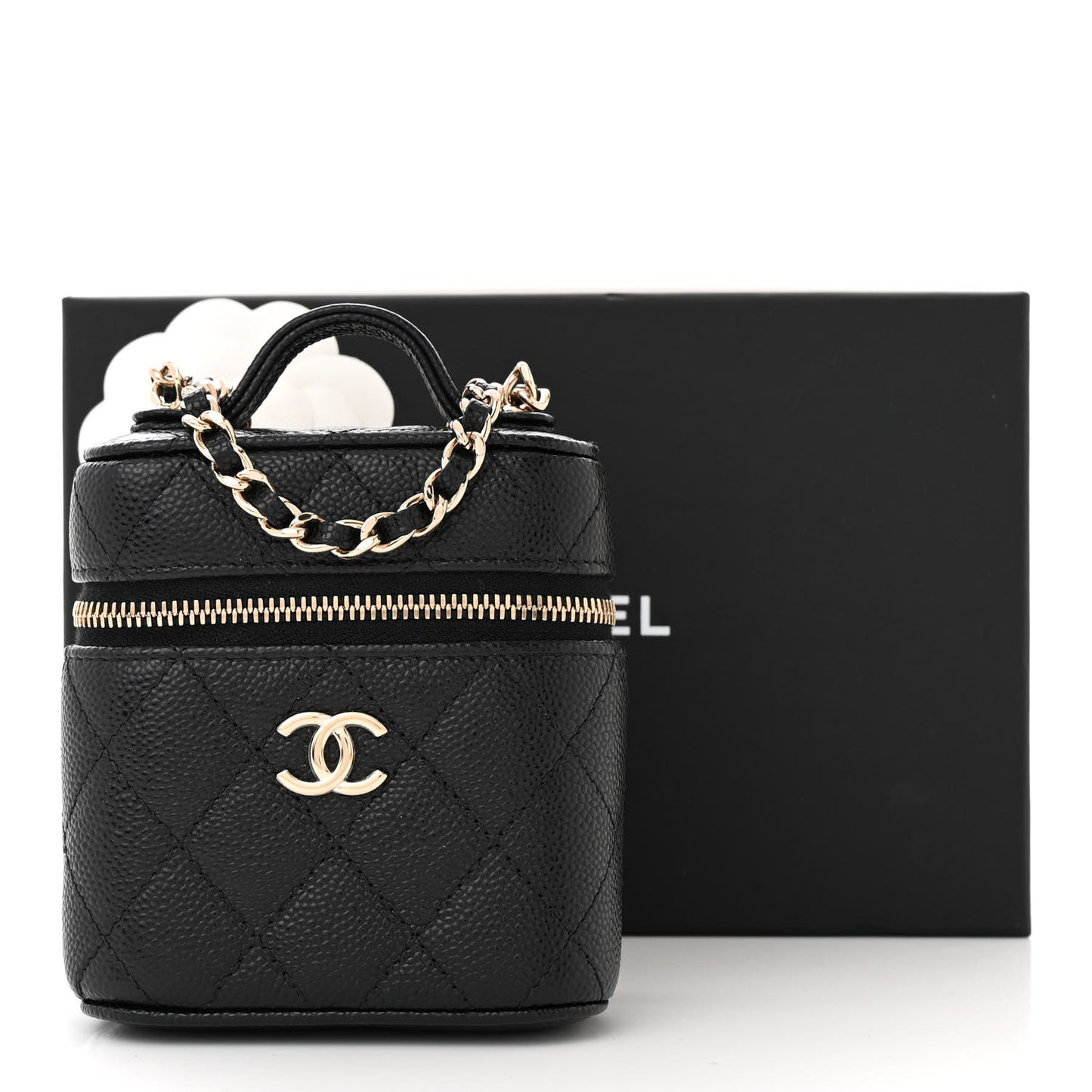 Caviar Quilted Top Handle Mini Vanity Case With Chain Black