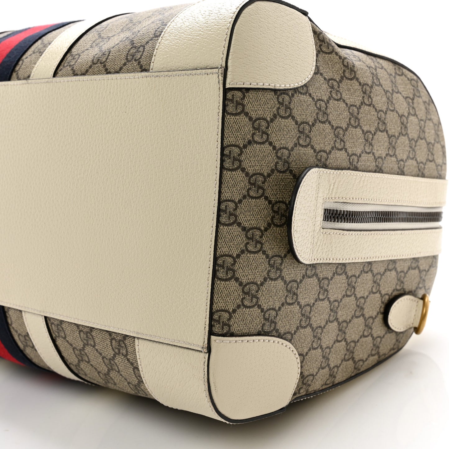 GG Supreme Monogram Textured Dollar Calfskin Web Medium Ophidia Duffle Bag Beige Ebony Mystic White