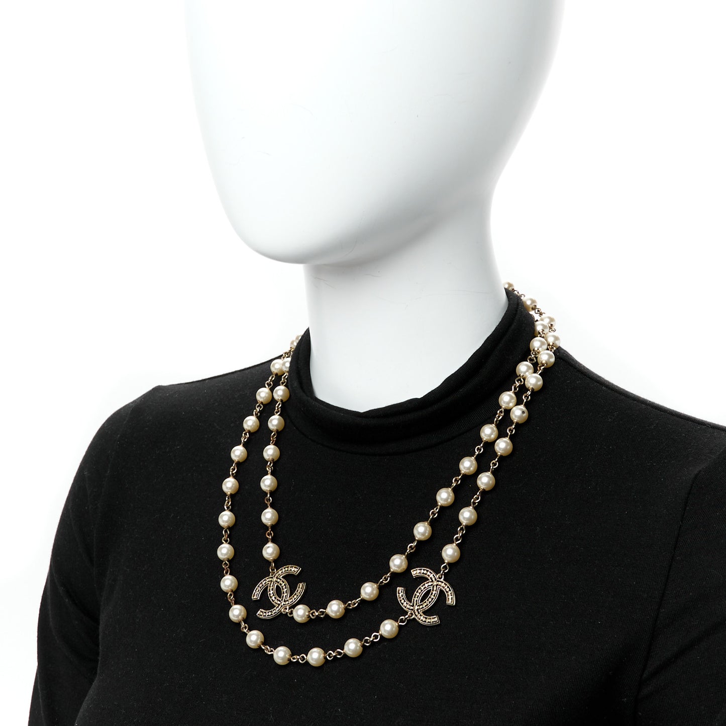 Crystal Pearl CC Long Necklace Gold