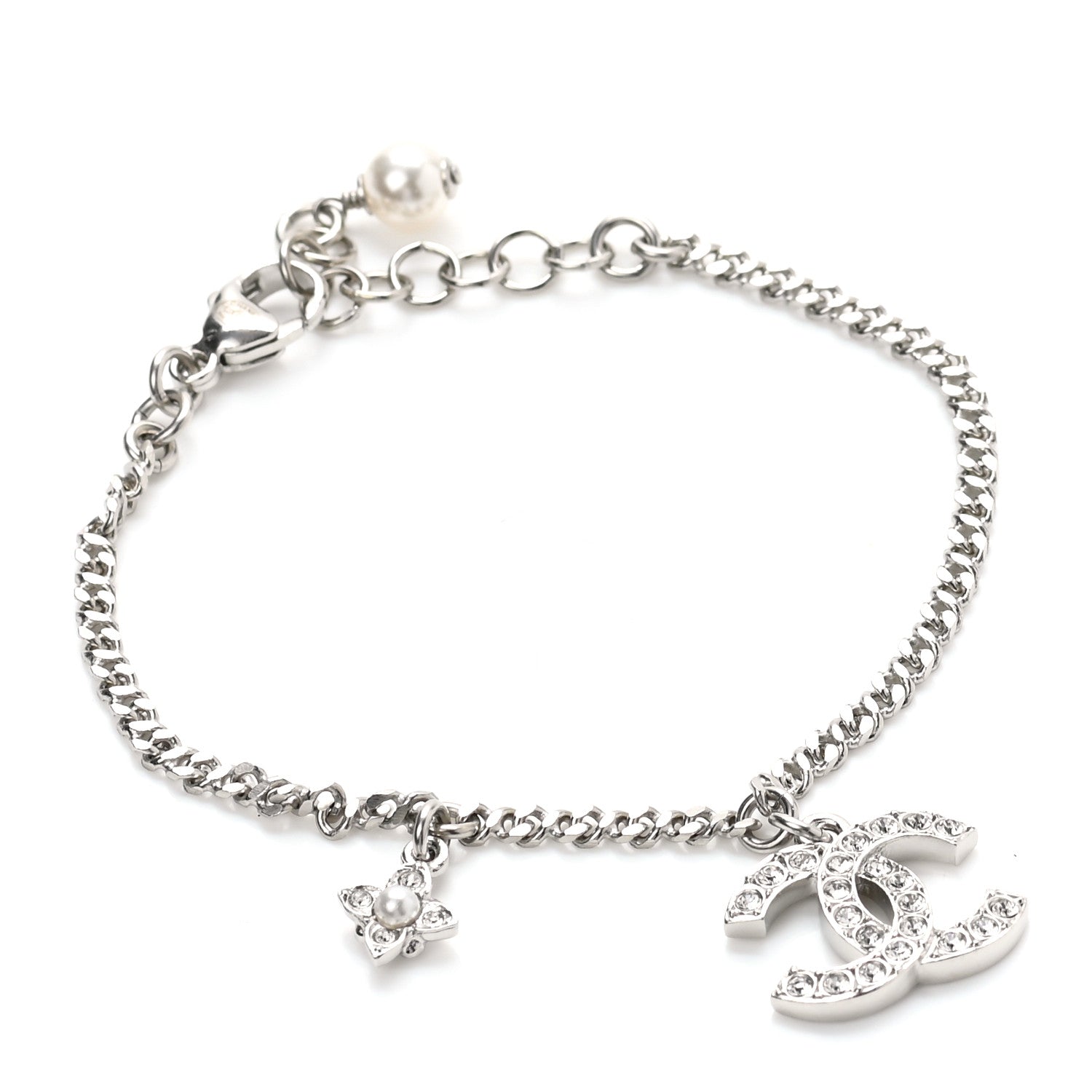 Chanel Crystal Pearl Flower CC Bracelet Silver 1127668 – FASHIONPHILE