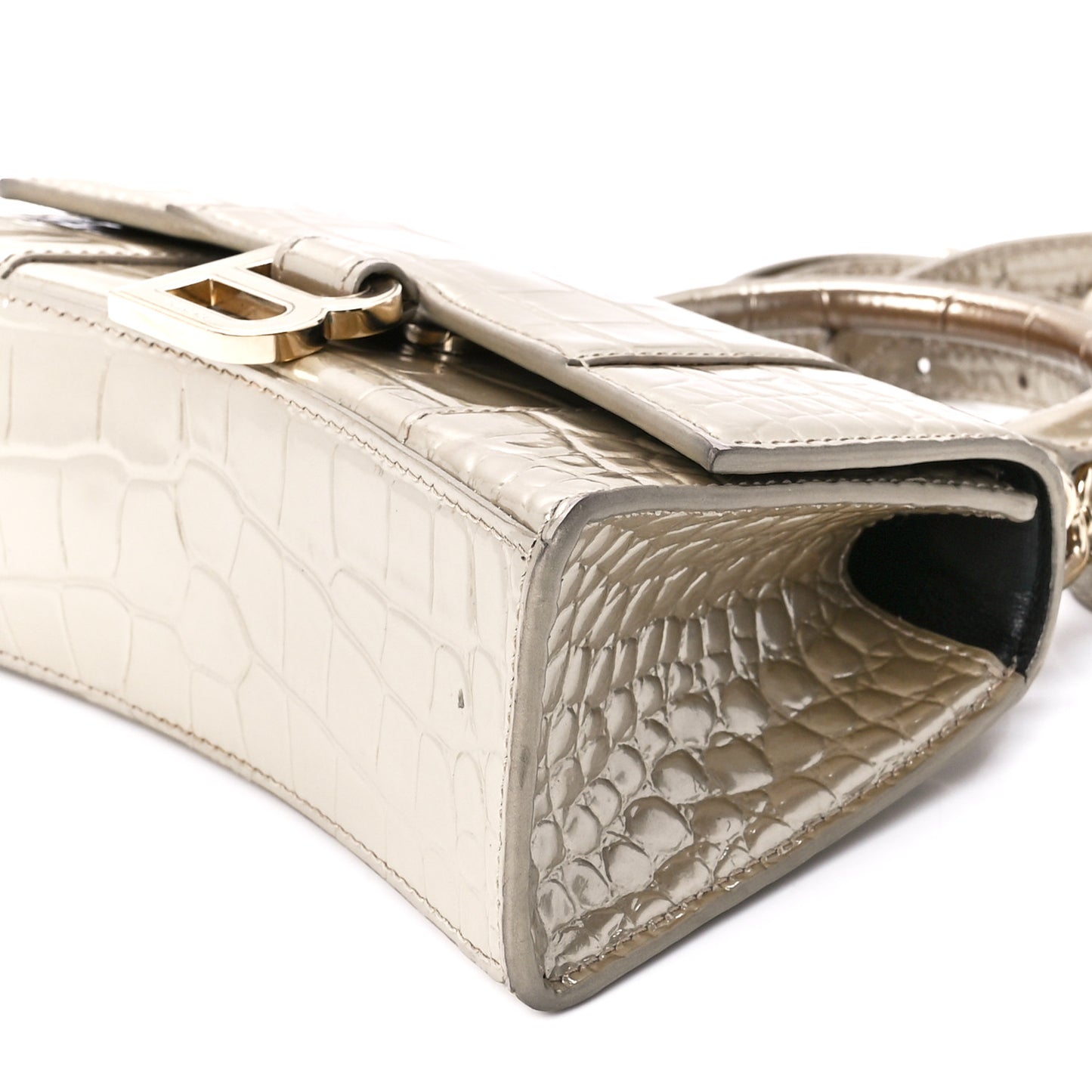 Metallic Shiny Calfskin Crocodile Embossed Hourglass Top Handle Bag XS Light Gold